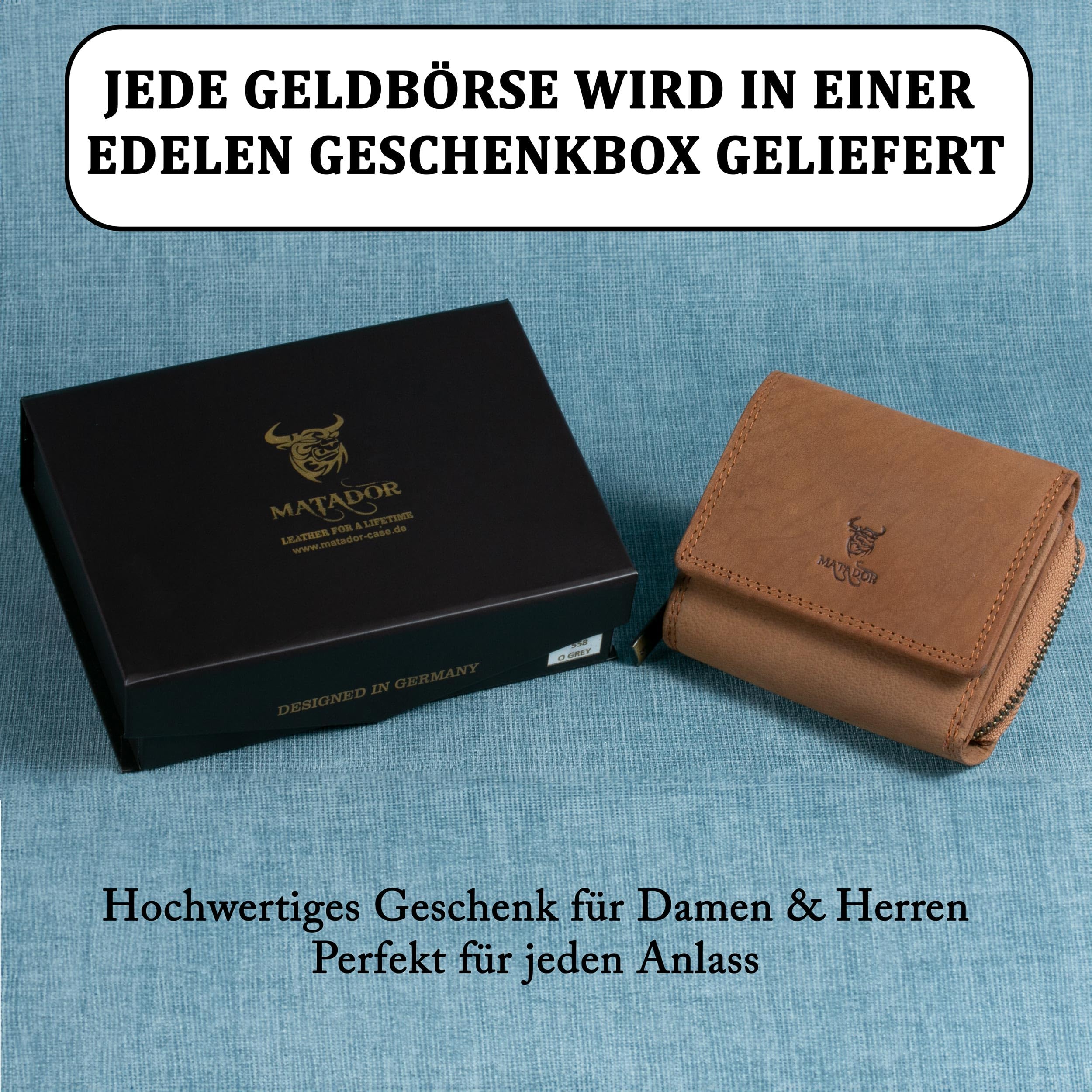 MATADOR Porte Monnaie Homme Cuir #CHIQUITO Petit Porte Monnaie avec Noble Boîte Cadeau, Wallet de Luxe avec RFID, Mini Portefeuille Homme avec de Nombreux Compartiments à Cartes en Marron Clair