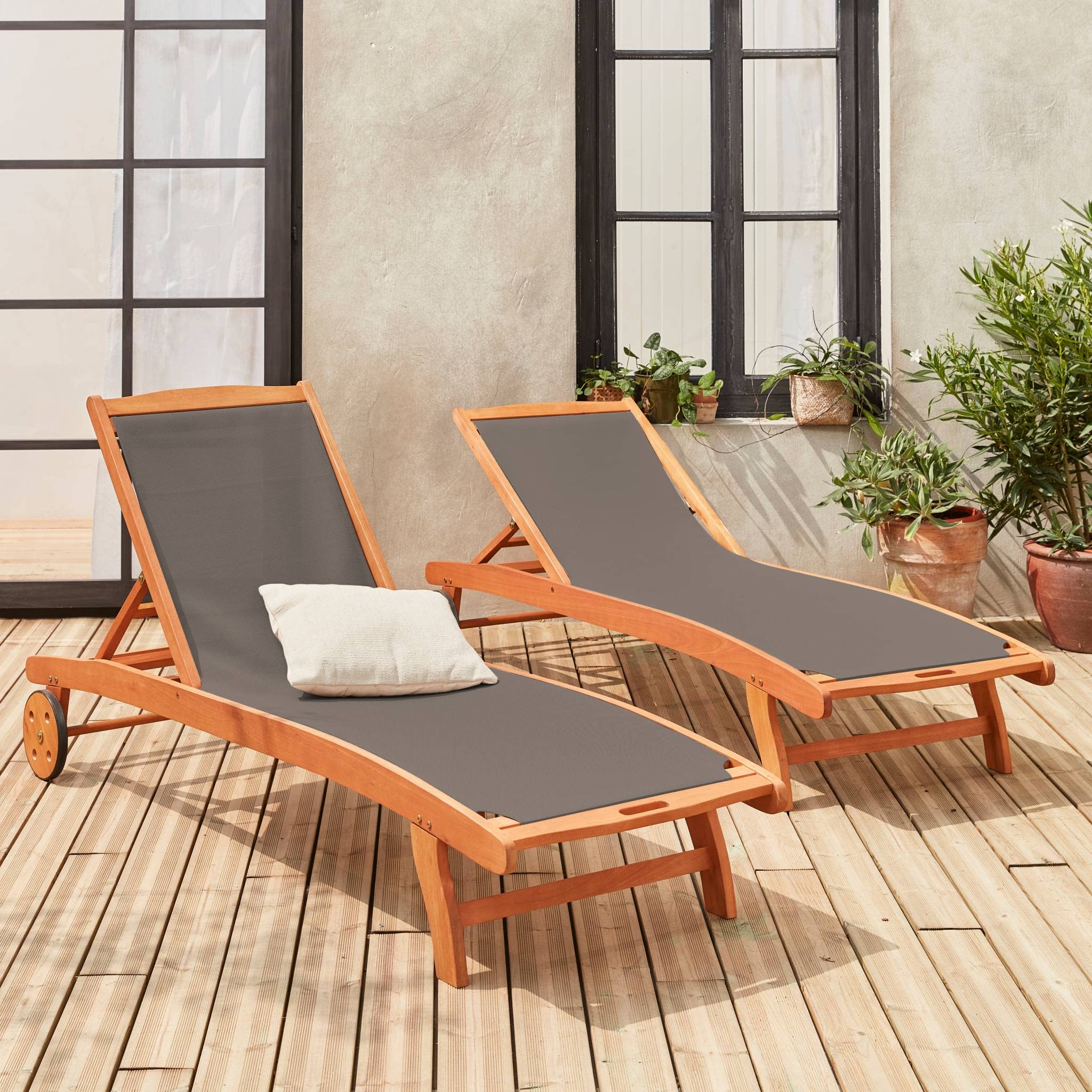 Set 2 lettini prendisole in legno multiposizione con ruote Antracite - 196x68x91 cm
