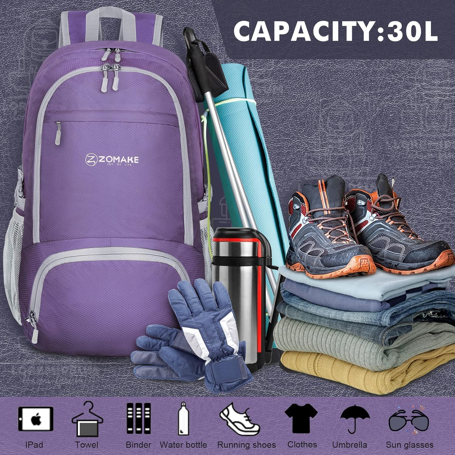 Miniatura 3 de Zomake - Mochila ligera de 30 l, resistente al agua, para senderismo, viajes, plegable, para camping y al aire libre