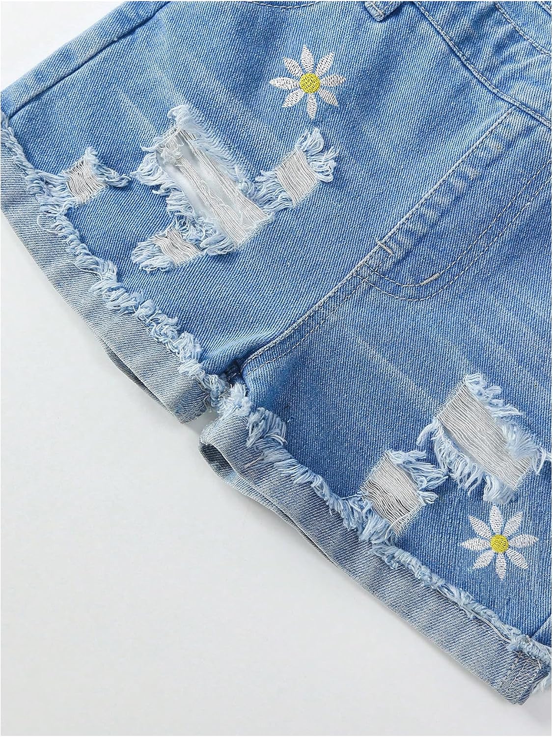 WDIRARA Girl's Floral Embroidered Denim Bib Overall Shorts Ripped Jean Romper with Pockets
