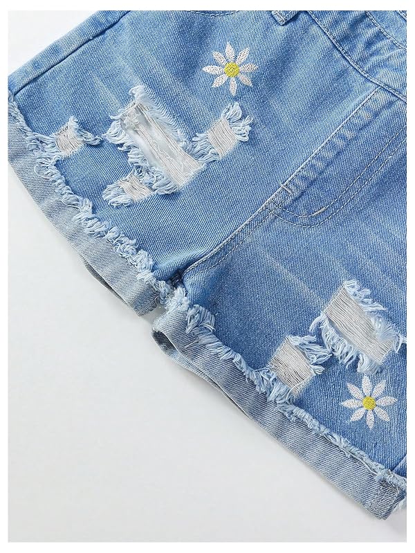 WDIRARA Girl's Floral Embroidered Denim Bib Overall Shorts Ripped Jean Romper with Pockets Light Wash 8Y by WDIRARA - Image 3