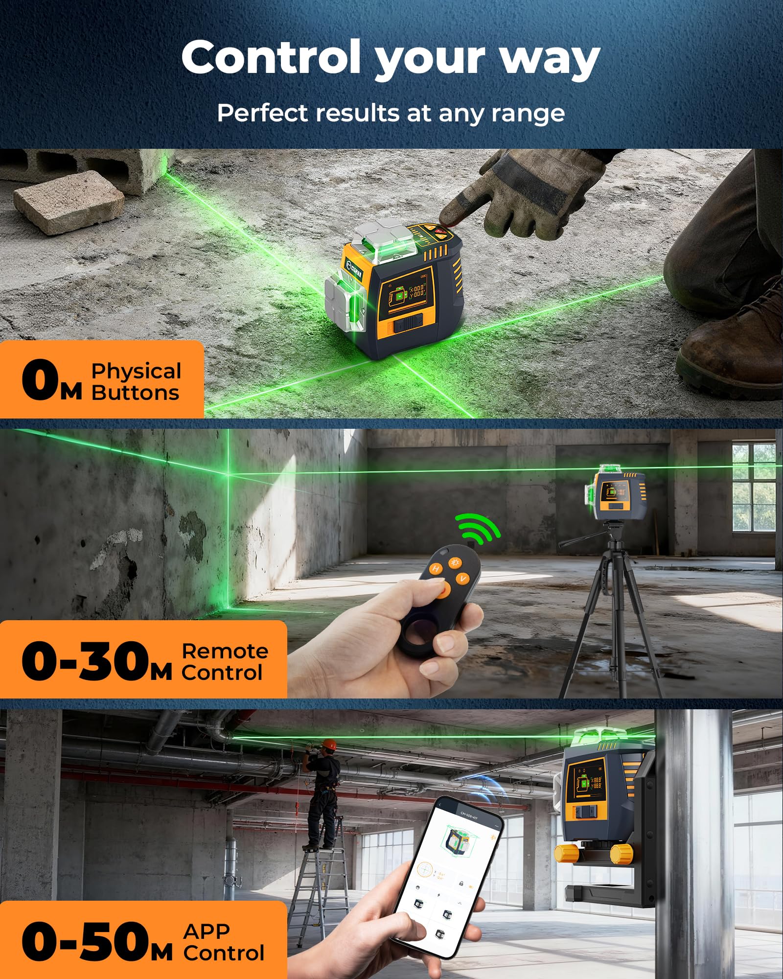 Niveau laser 360 autonivelant CIGMAN à commande gestuelle, laser vert 30 m pour laser chantier, contrôle lignes & luminosité par gestes, mode stroboscopique, Bluetooth APP, 2 batteries Li-ion pour lon