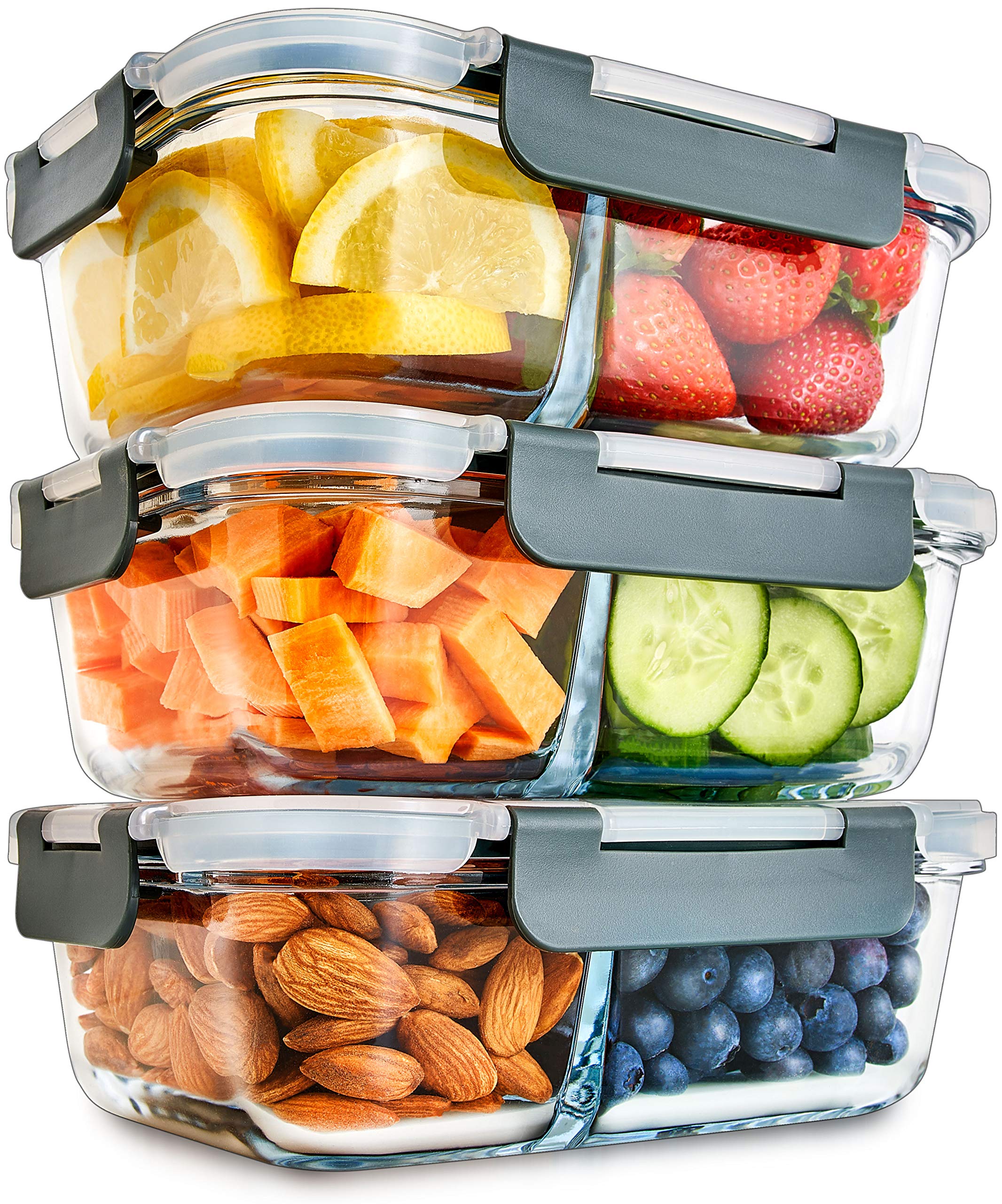 Igluu Meal Prep Boîtes Repas en Verre à 2 compartiments (Lot de 3) – Couvercle hermétique et sans BPA – Compatibles micro-ondes, four, congélateur et lave-vaisselle – 980 ml – Verre Borosilicate