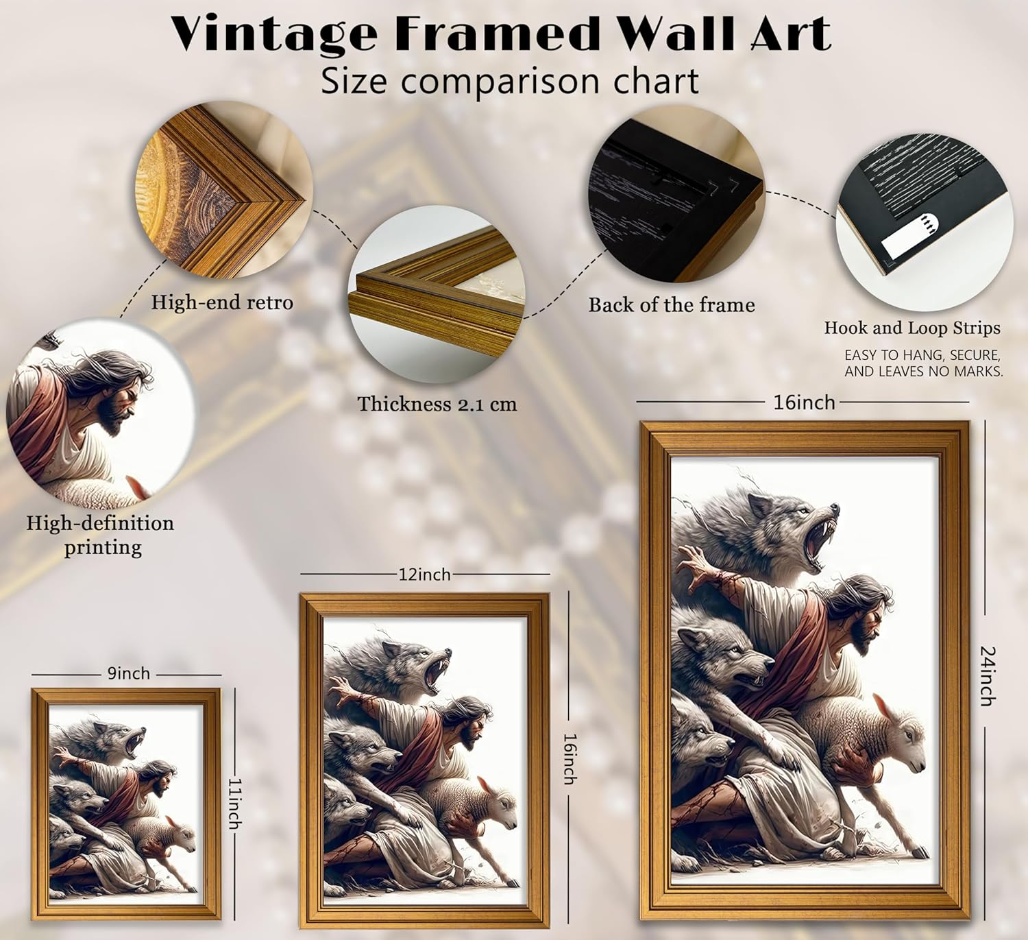 Vintage Gold Framed Jesus and Lamb Canvas Wall Art Jesus Saves the Lost Sheep Christian Picture Wall Decor Shepherd Protect a Lamb from Wolves Painting Poster Print Artwork for Living Room Church