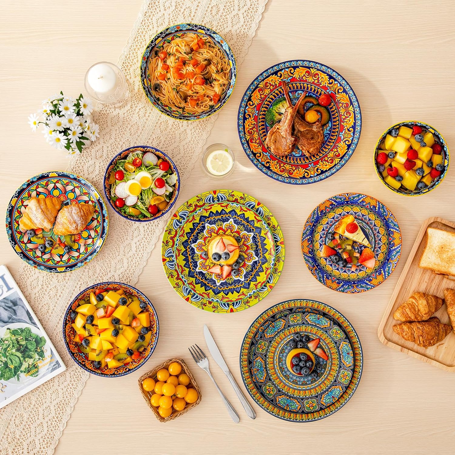 vancasso 24 Pieces Plates and Bowls Set, Bohemian Style Dinnerware Sets Service for 6, Porcelain Boho Dishes Set for Kitchen, Housewaring Gift, Dishwasher and Microwave Safe, Series KRVI