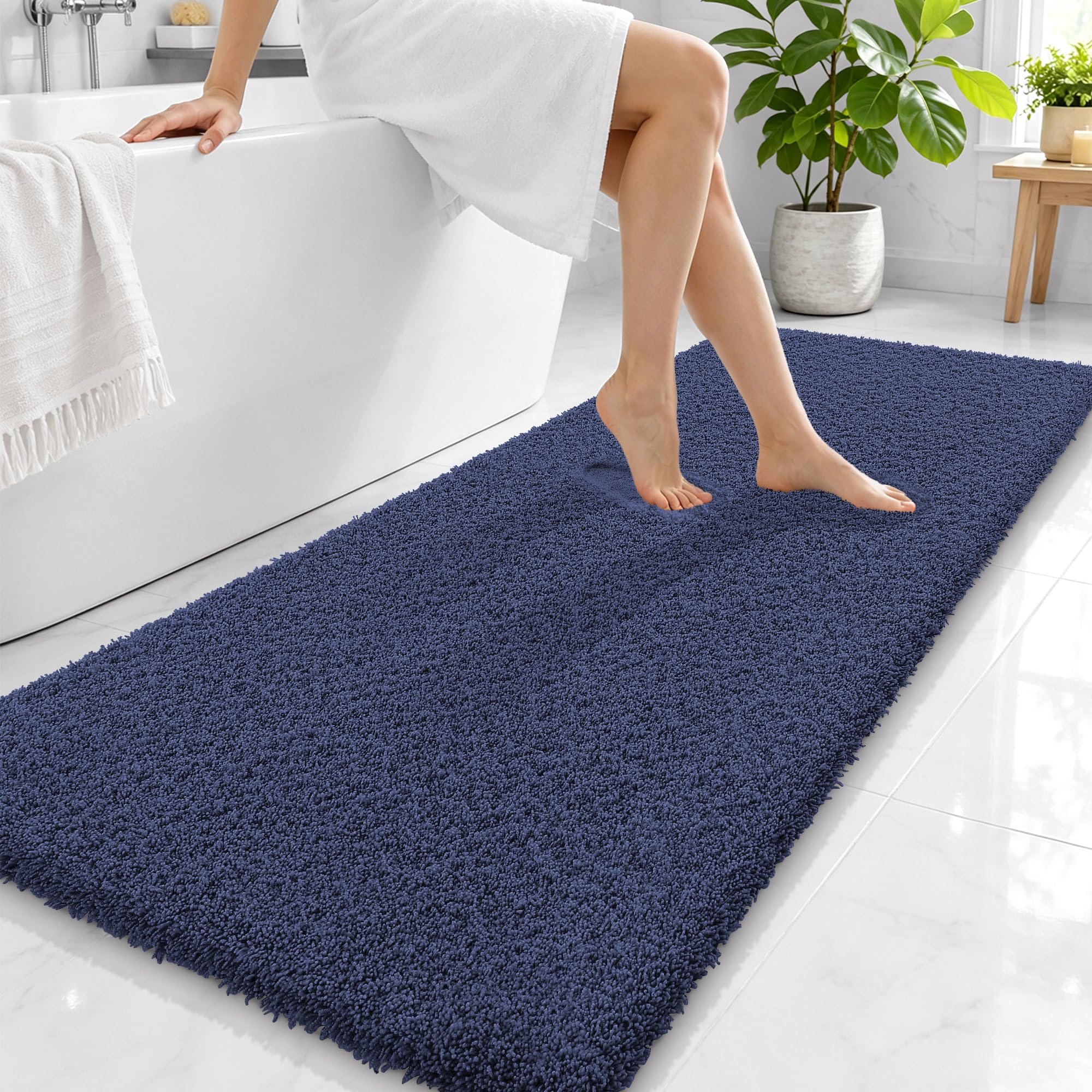 OLANLY Microfiber Bathroom Runner Rugs 70x24, Soft Absorbent Bath Mat, Navy