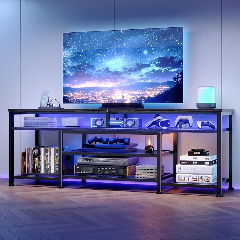 Furologee 63 Inch TV Stand with Power Outlets & LED Lights, Black image 3