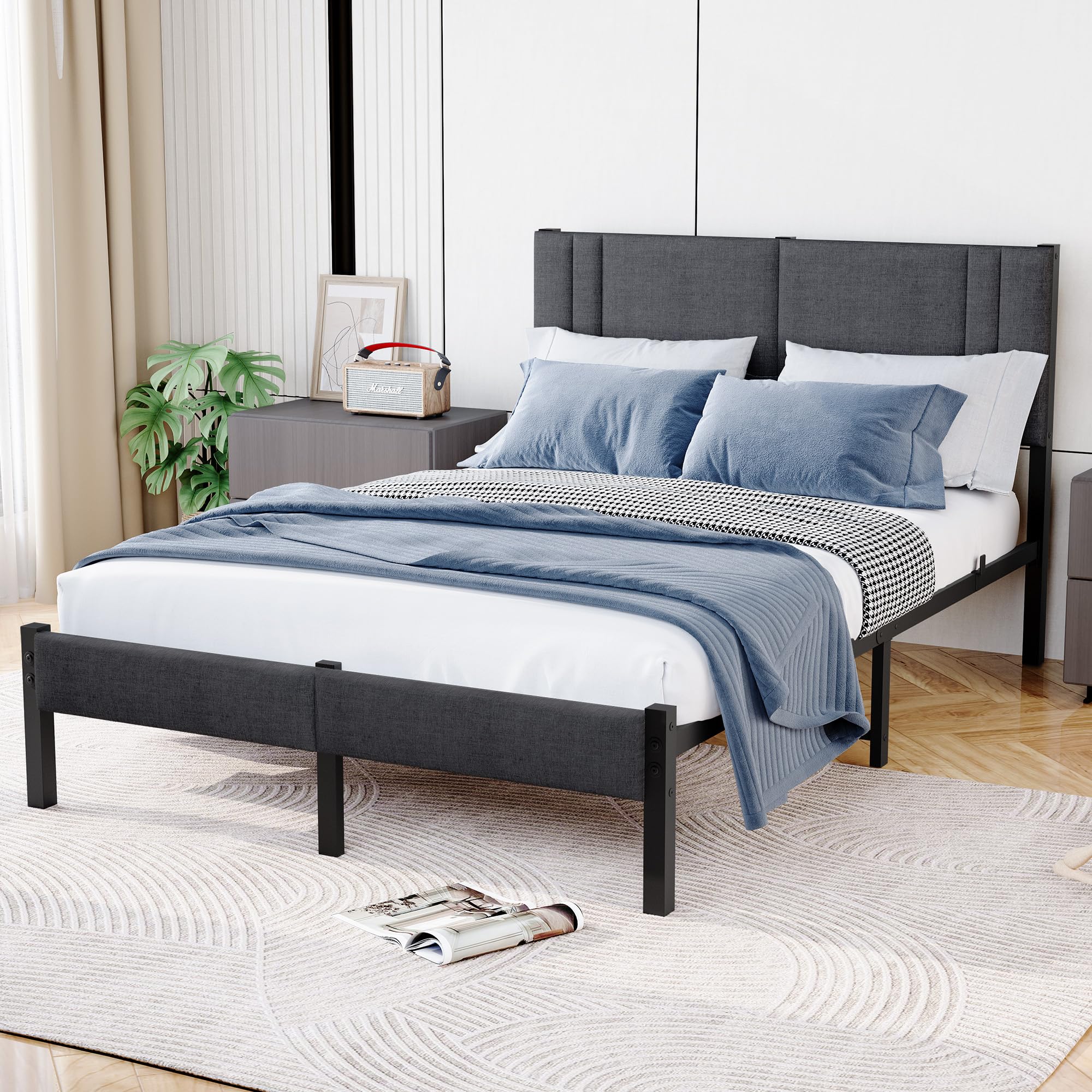 HAHRIR Struttura per letto in metallo, 140 x 200 cm, con testiera e rete a doghe, senza rumore, colore: grigio