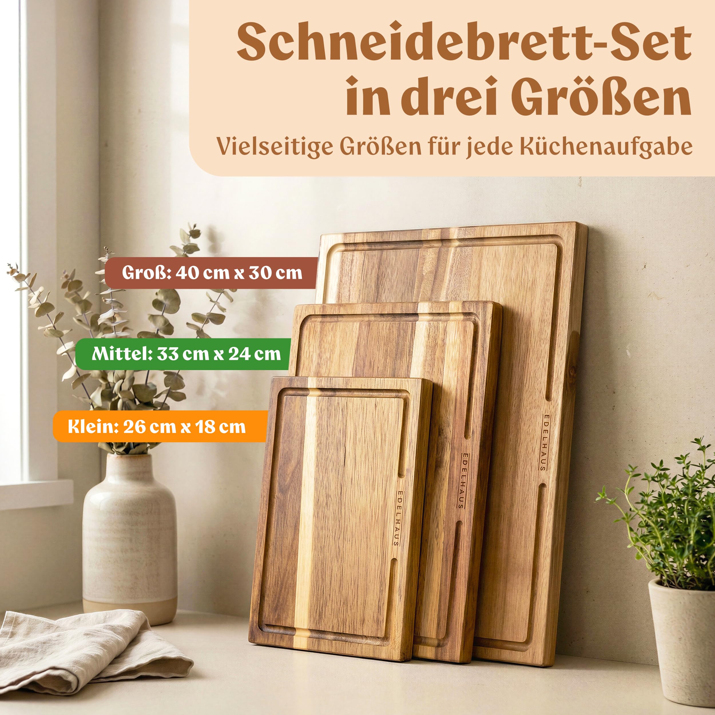 EDELHAUS Schneidebrett Holz 3er Set (40x30cm / 33x24cm / 26x18cm) Holzschneidebrett aus Massiver Akazie - 2cm dicke Holzbretter Küche mit Saftrille - Design Cutting Board Schneidbrett Set