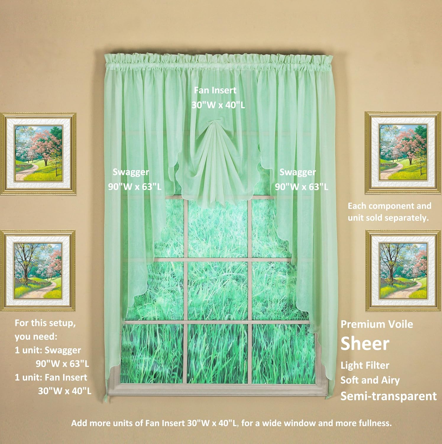 Today's Curtain Emelia Original Voile Swag Pair 38", Sage, 60" W x 38" L