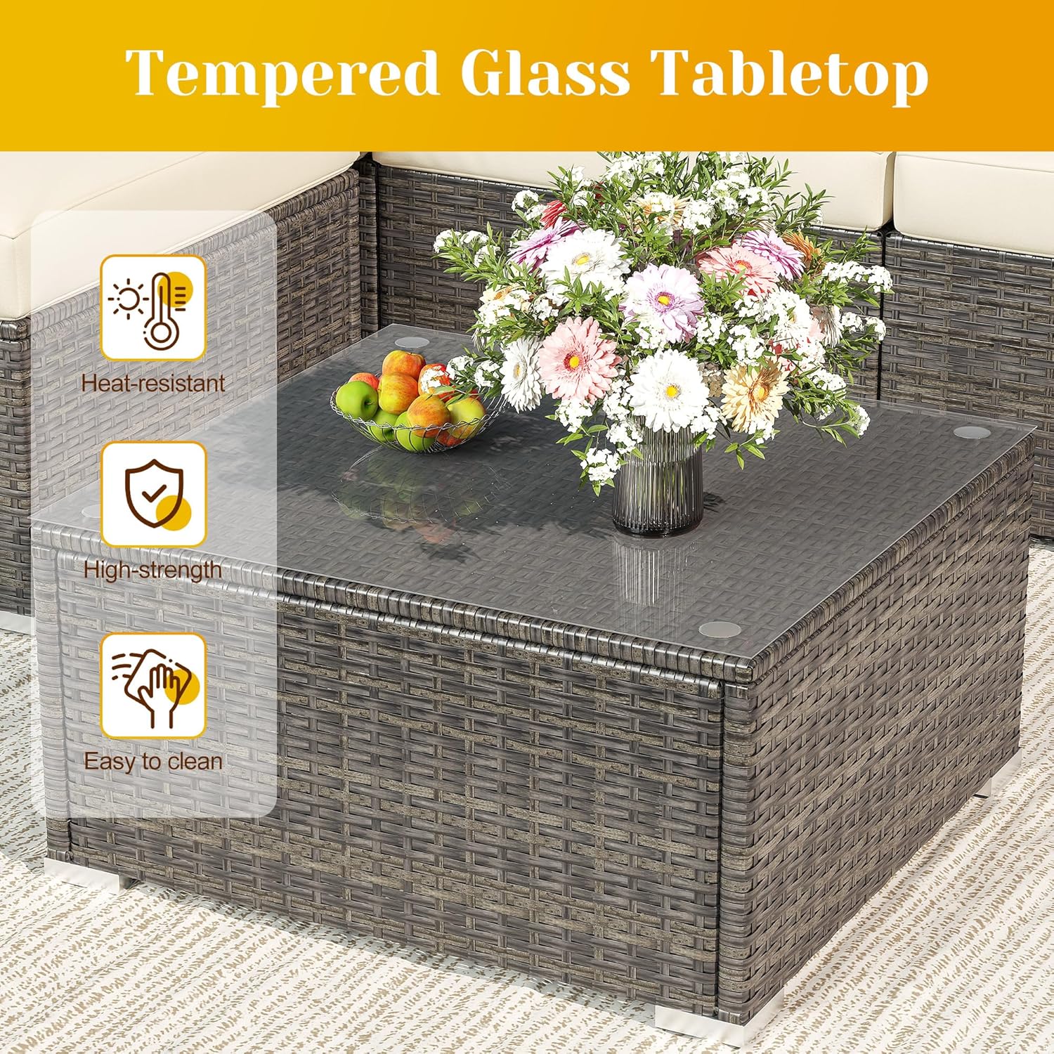 SUNVIVI OUTDOOR Outdoor Patio Furniture Set, 5 Piece Patio Conversation Set, Waterproof Wicker Patio Furniture Set, All Weather Combination Patio Conversation Sets with Cushions and Glass Table, Beige