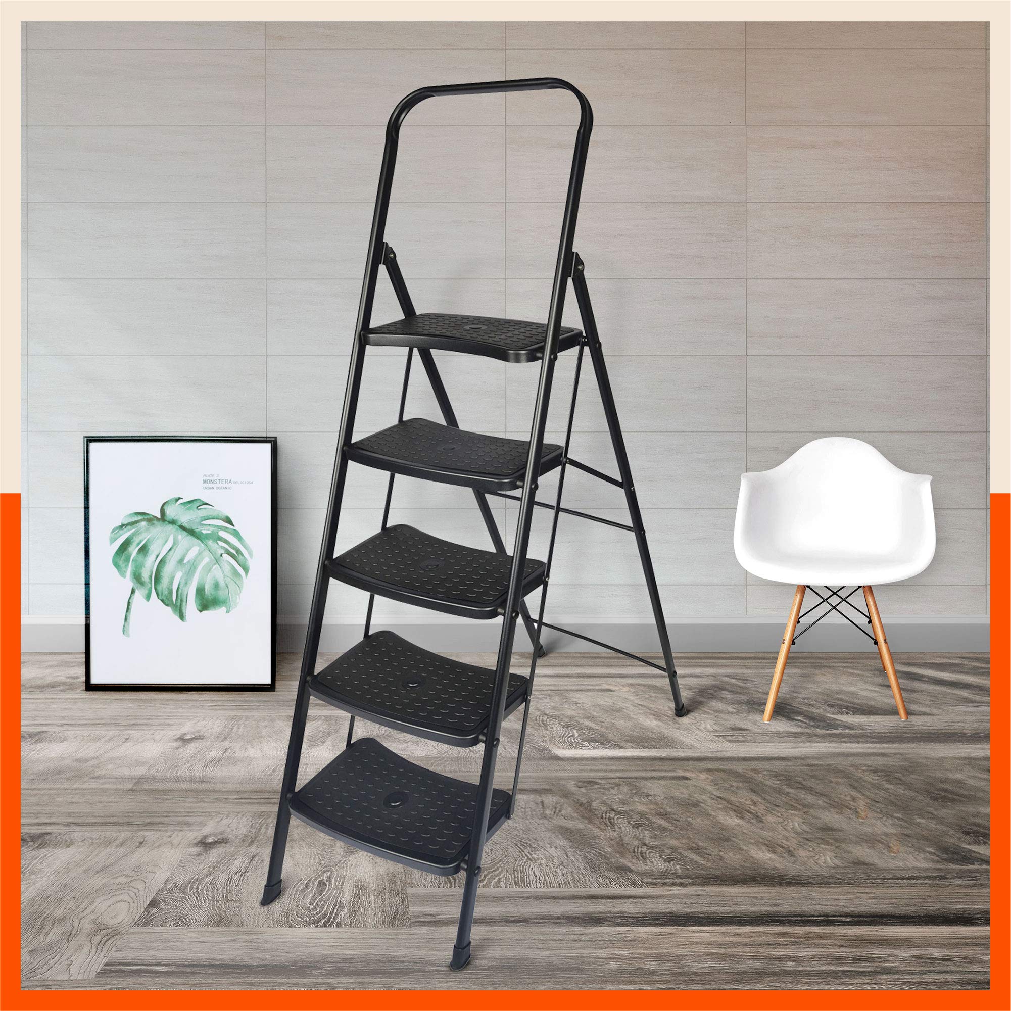 Bathla Boost Rhino 5-Step Foldable Steel Ladder with Anti-Slip Steps (Black)