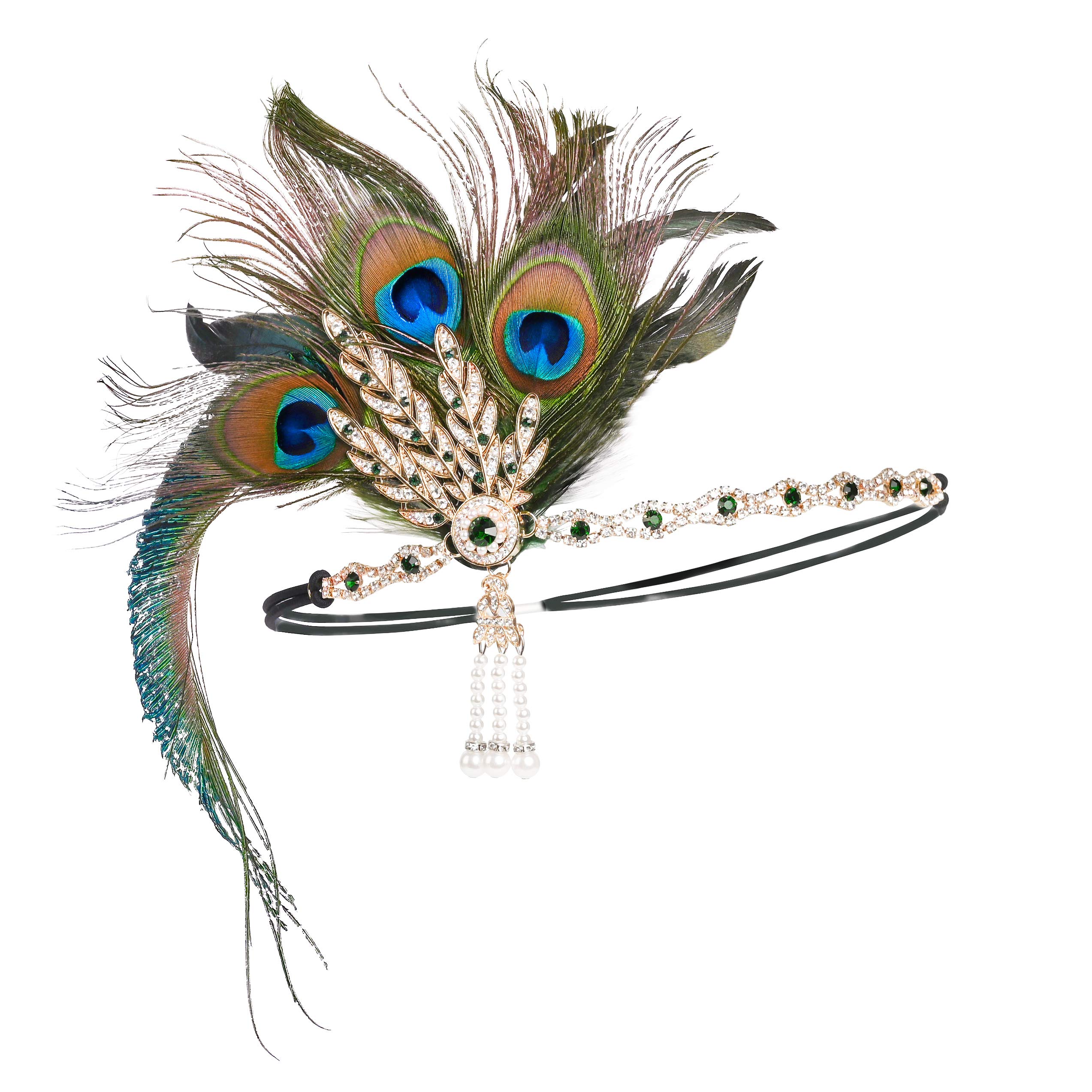 Zivyes Gatsby Feather Headpiece Flapper Leaf Pearl Headband Roaring 20s Wedding Headpiece