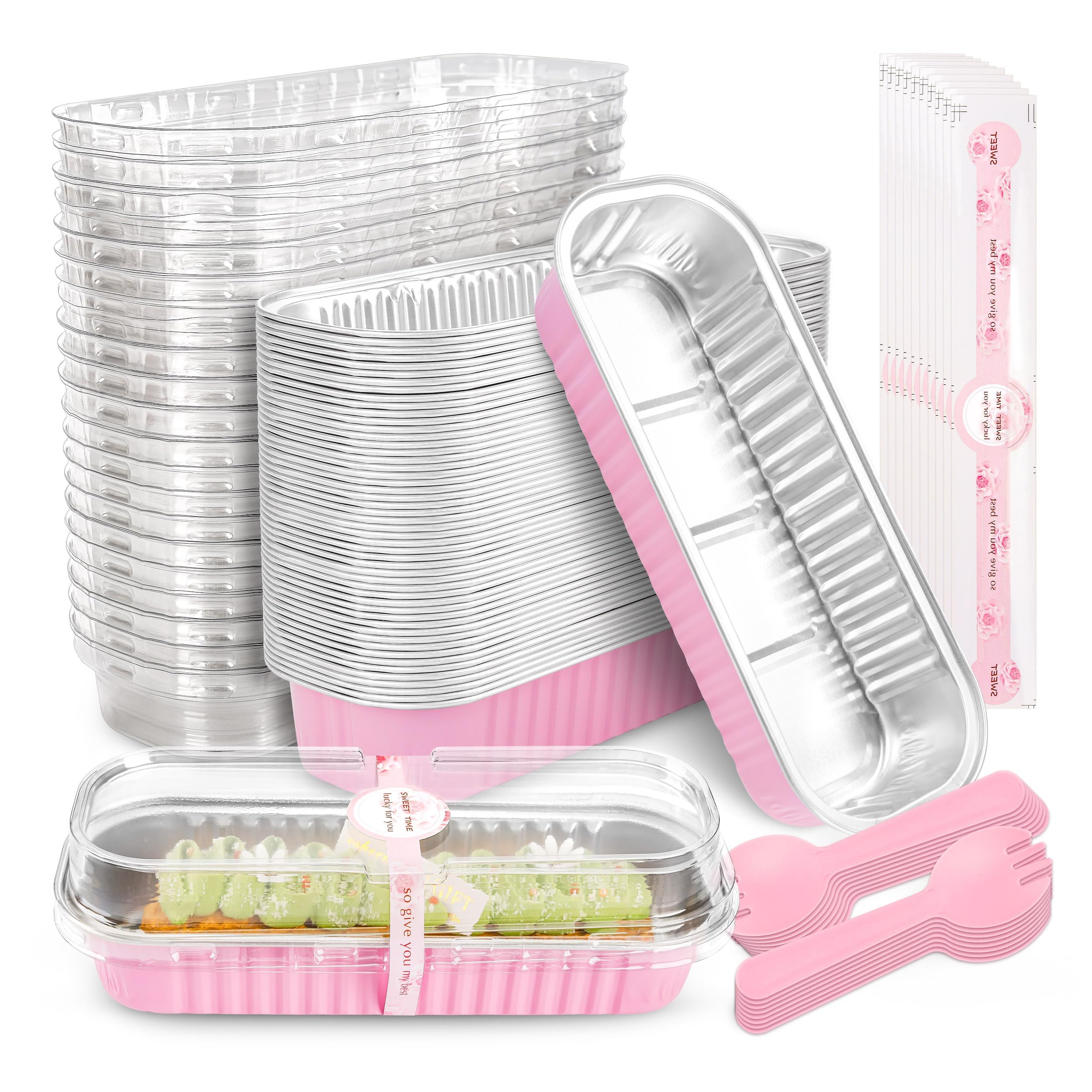 50 PACK Mini Cake Pans with Lids and Spoons,Rectangular Aluminum Foil Bread Pan,Mini Loaf Pans and Food Containers with Lids(Pink,6.8oz)