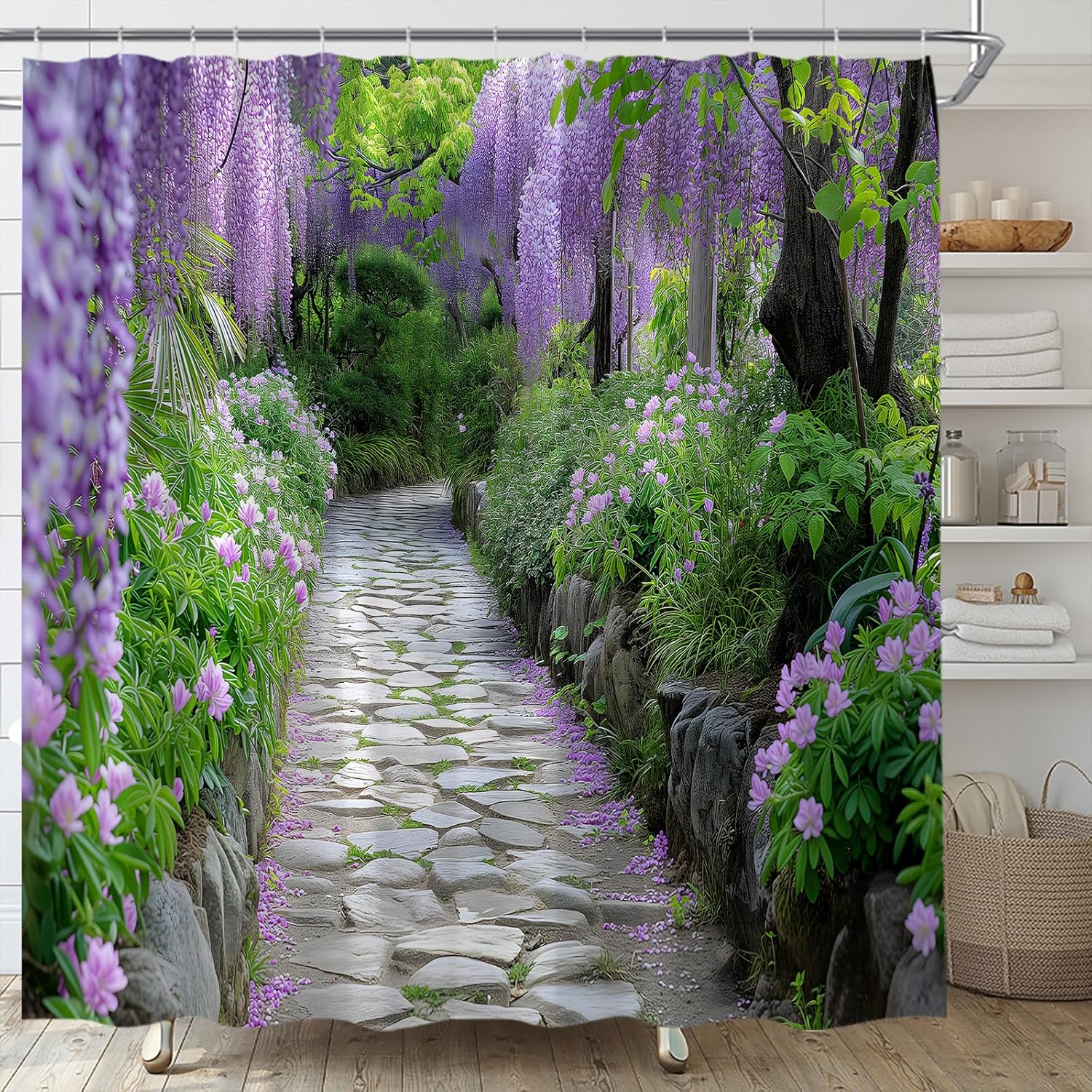 Purple Wisteria Flower Shower Curtain Spring Garden Park Nature Landscape Blossom Floral Vine Leaves Polyester Fabric Bathroom Decor Set with Hooks(84" Wx70 H)