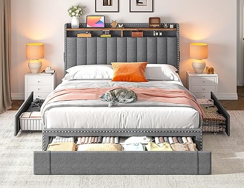 Miniatura 11 de EnHomee Base de cama tamaño King, base de cama tapizada tamaño King con 4 cajones de almacenamiento y estantes de cabecera de 2 niveles, resistencia