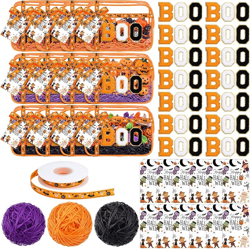 Sunnymove Kit com 12 Necessaires Transparentes com Zíper para Halloween, Enchimento de Ráfia, Etiquetas e Patches Bordados
