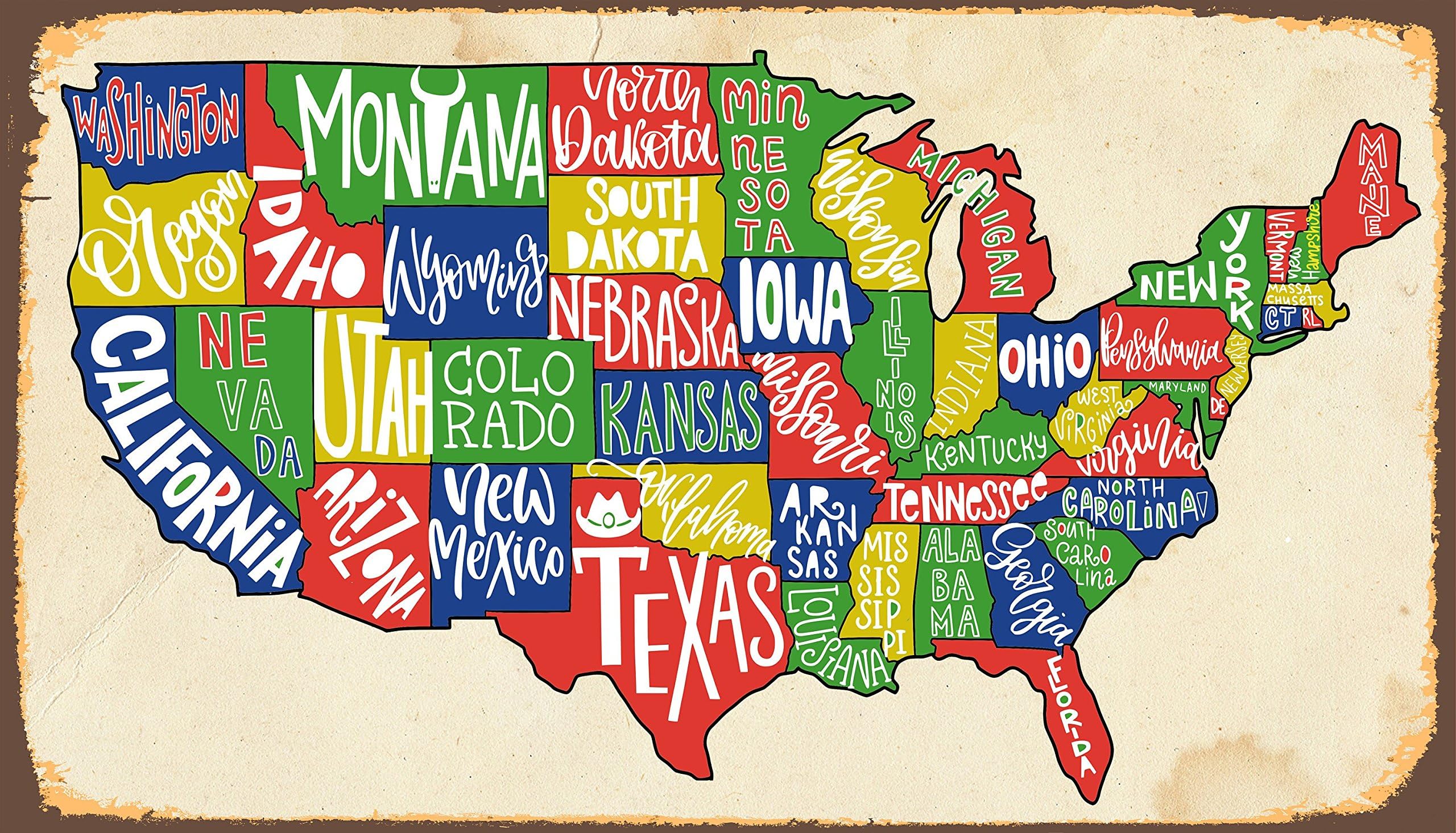 Dozili Colorful American Map Metal sign Map metal sign United states map Colorful USA map USA Map Map Sign USA map Sign art Color map 8" x 12"