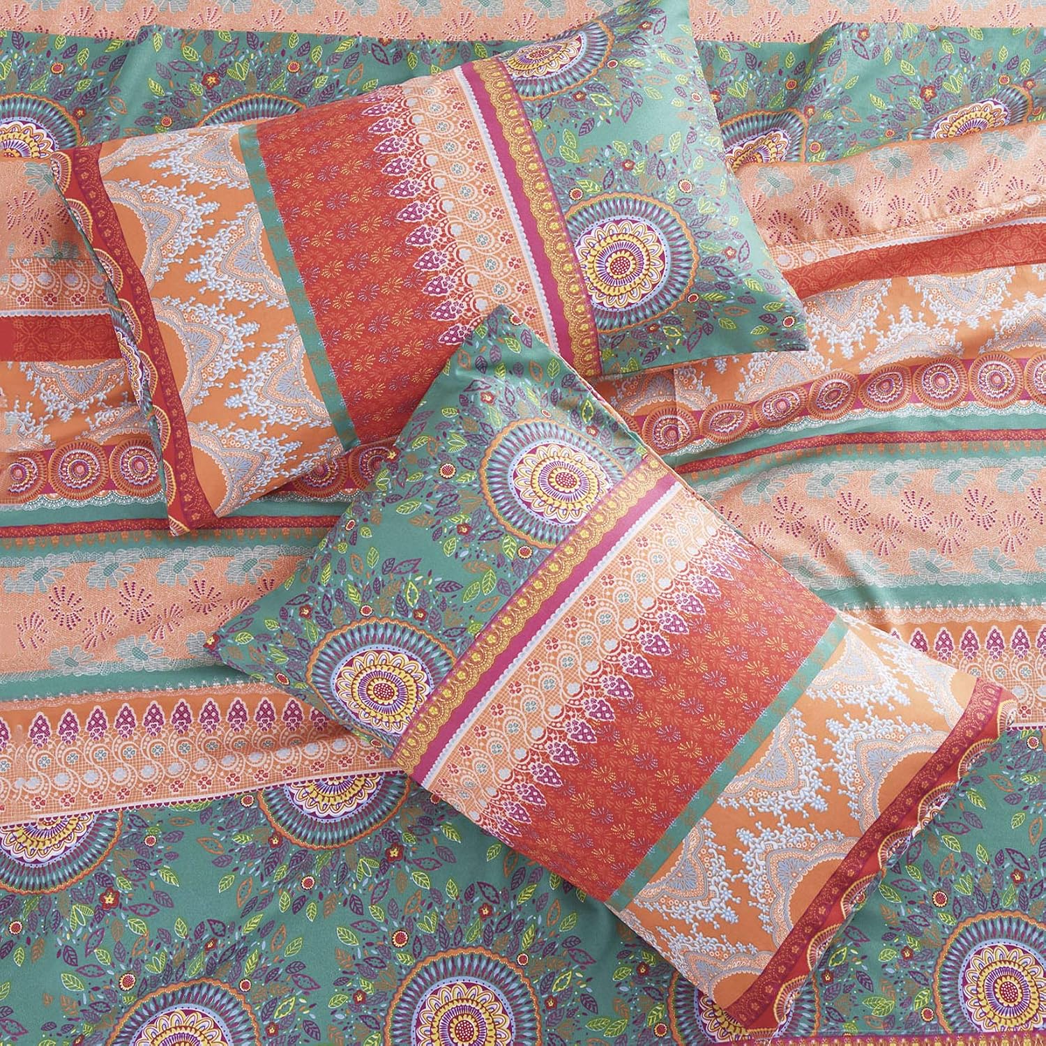 Wake In Cloud - Bohemian Sheet Set, Orange Coral Boho Chic Mandala Medallion Pattern Printed, Soft Microfiber Bedding (4pcs, Queen Size)
