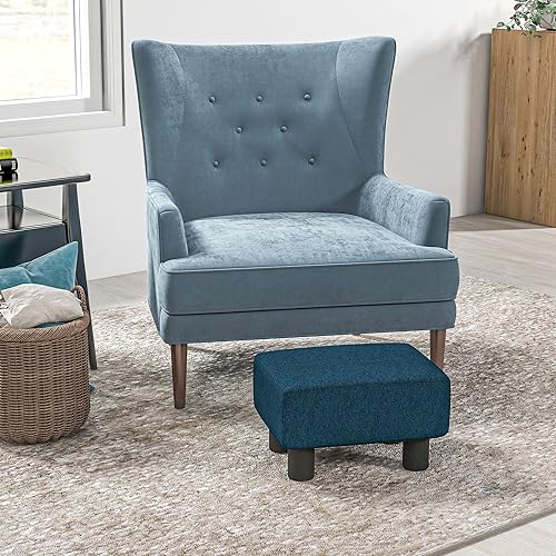 Miniatura 2 de HOMCOM Reposapiés otomano, taburete pequeño con tapicería de tela de lino y patas de plástico, otomana cubo para sala de estar, azul