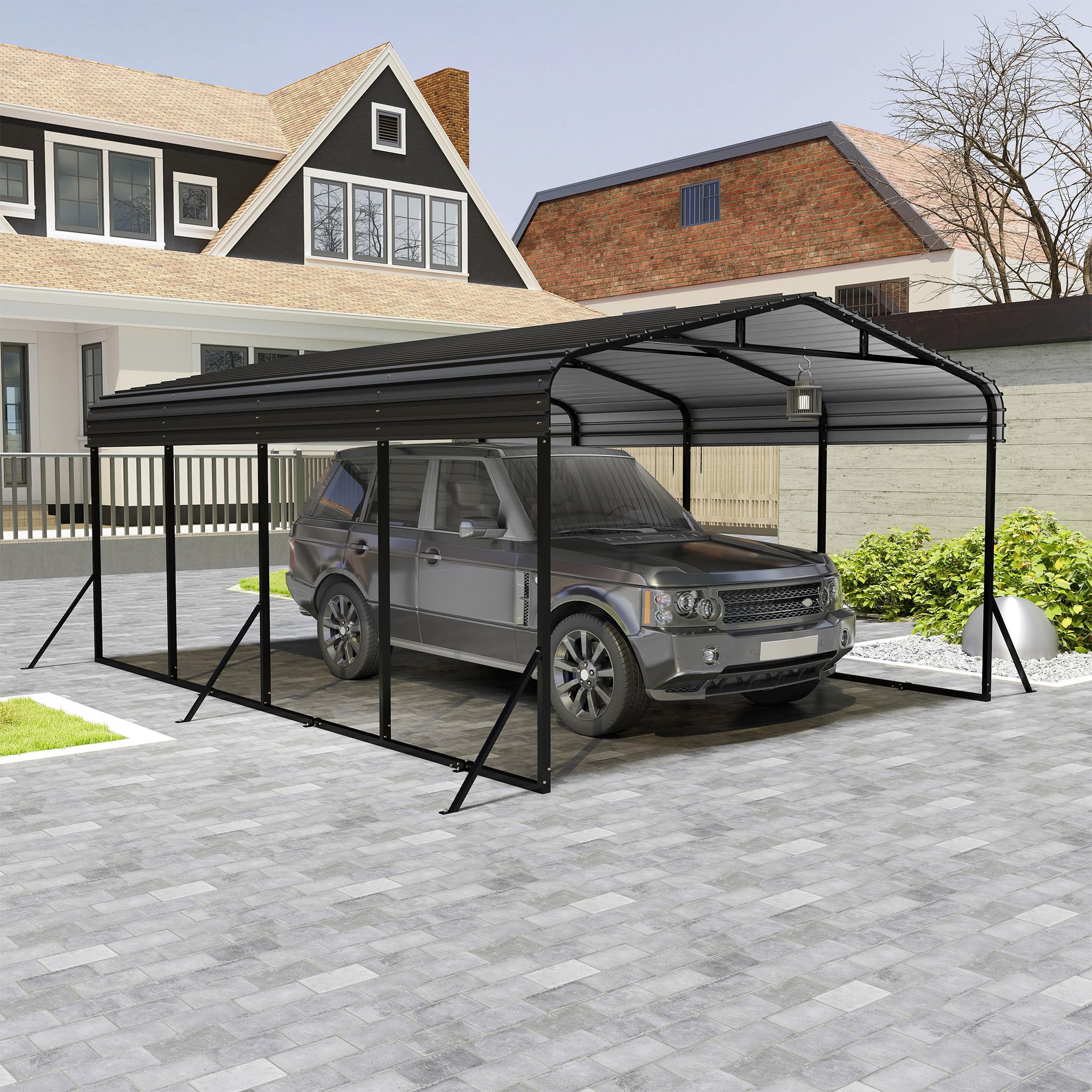 SUBTLETY Carport Aluminium 370x600 cm Fahrradgarage mit Farbige Stahlbleche Spitzdach Freistehender Shelter Winterfest UV-beständig Garagenzelt für PKW SUV Garten Outdoor