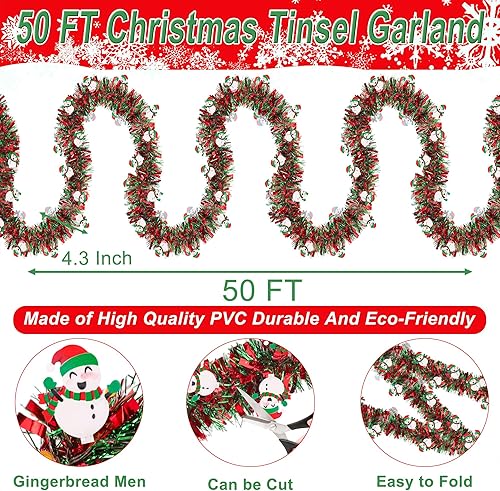 Miniatura 2 de Guirnalda de oropel de Navidad de 50 pies con adorno de muñeco de nieve, guirnalda de Navidad con giro metálico rojo verde brillante para árbol de