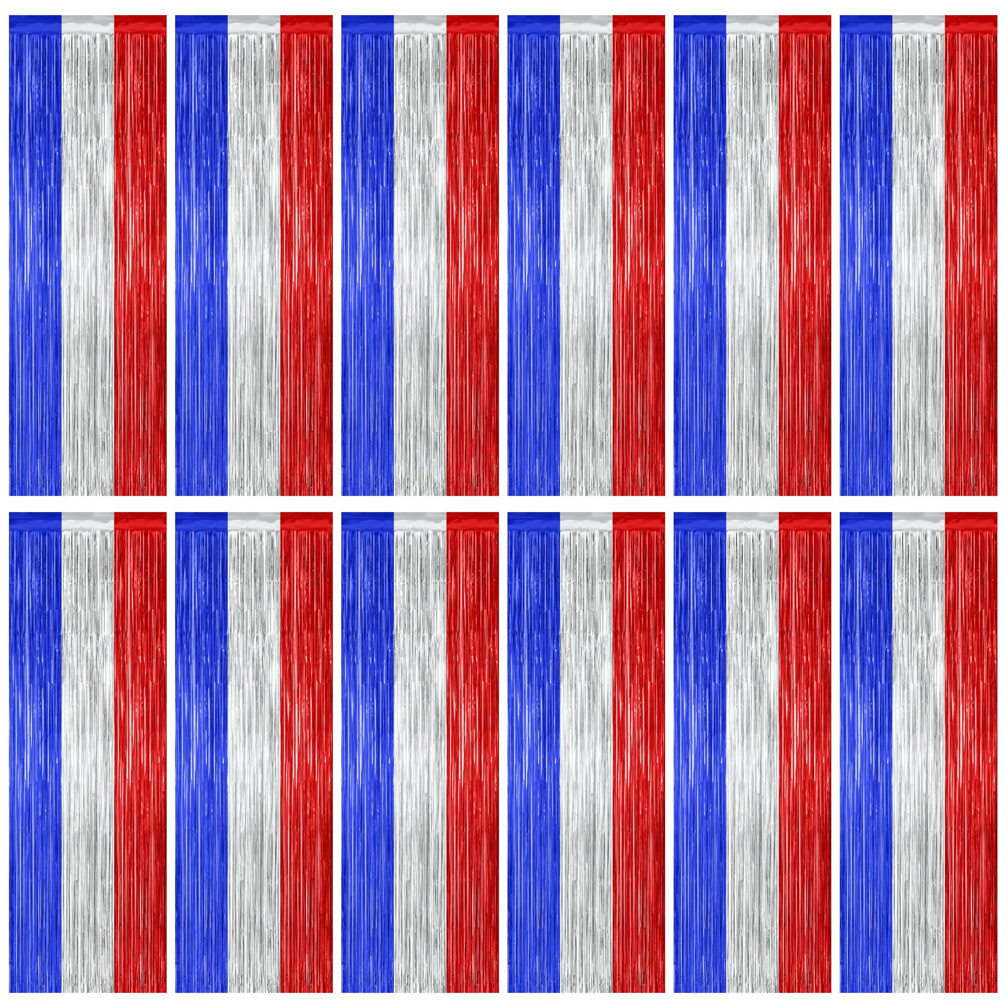 12 Pack 4th of July Decorations, 3.28 FT x 7.05 FT Patriotic Tinsel Backdrop, Metallic Blue Silver Red Fringe Curtains Party Streamer Foil Backdrop,