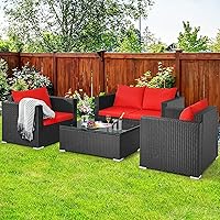 Vista 3 de COSTWAY Juego de muebles de ratán de patio de 4 piezas, sofá acolchado, mesa de centro, color rojo
