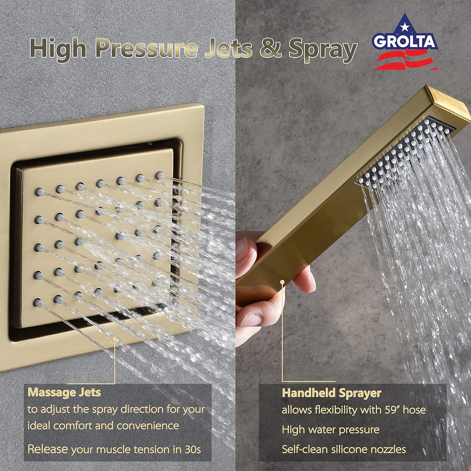 Flushed in 31 Inch Rain Waterfall Mist Curtain Bluetooth Music LED Light Shower System 6 Way Thermostatic Shower Faucet Set w/Body Jets Handheld (Brushed Gold - Touch Panel)