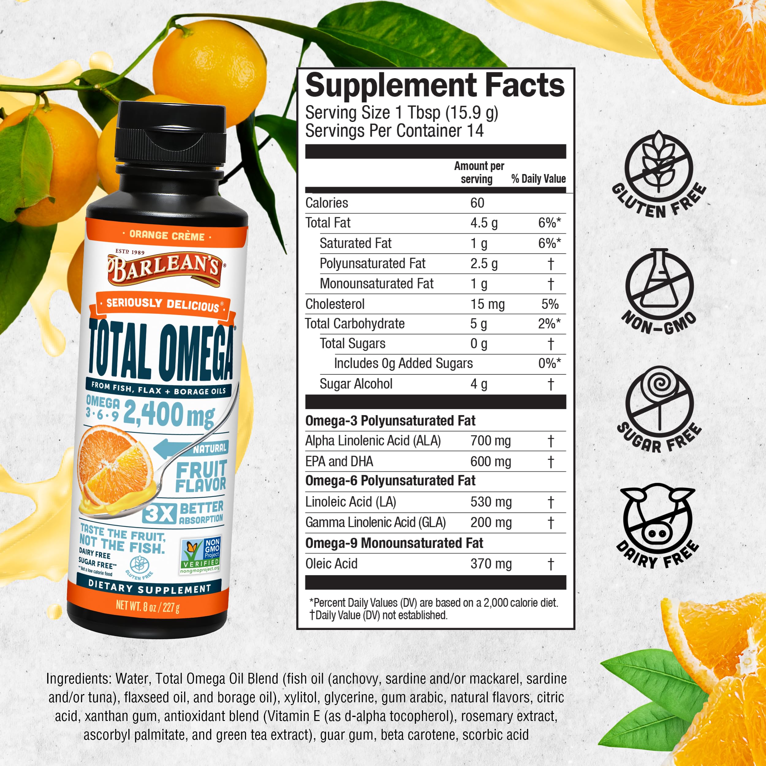 Barlean's Total Omega 3 6 9 Orange Crème Liquid Fish Oil Supplement with Borage and Flaxseed Oil, 2,400 mg of Omegas EPA and DHA Plus GLA for Joint and Heart Health, 8 oz — Amazon image 6