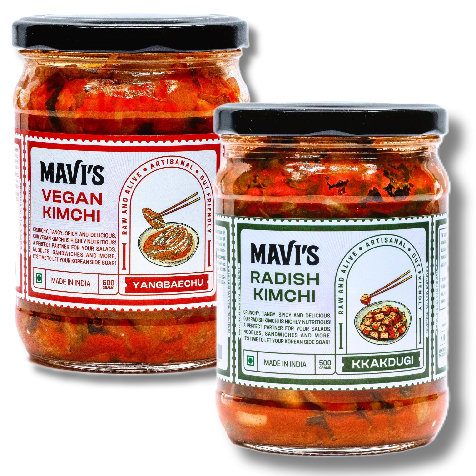 MAVI's Kimchi | Vegan Kimchi & Radish Kimchi | Combo Pack of 2 | 500g Each | Korean Kimchi | No Preservatives | Organic and Vegan | No Artificial Flavour or Colour | Probiotic Pickle