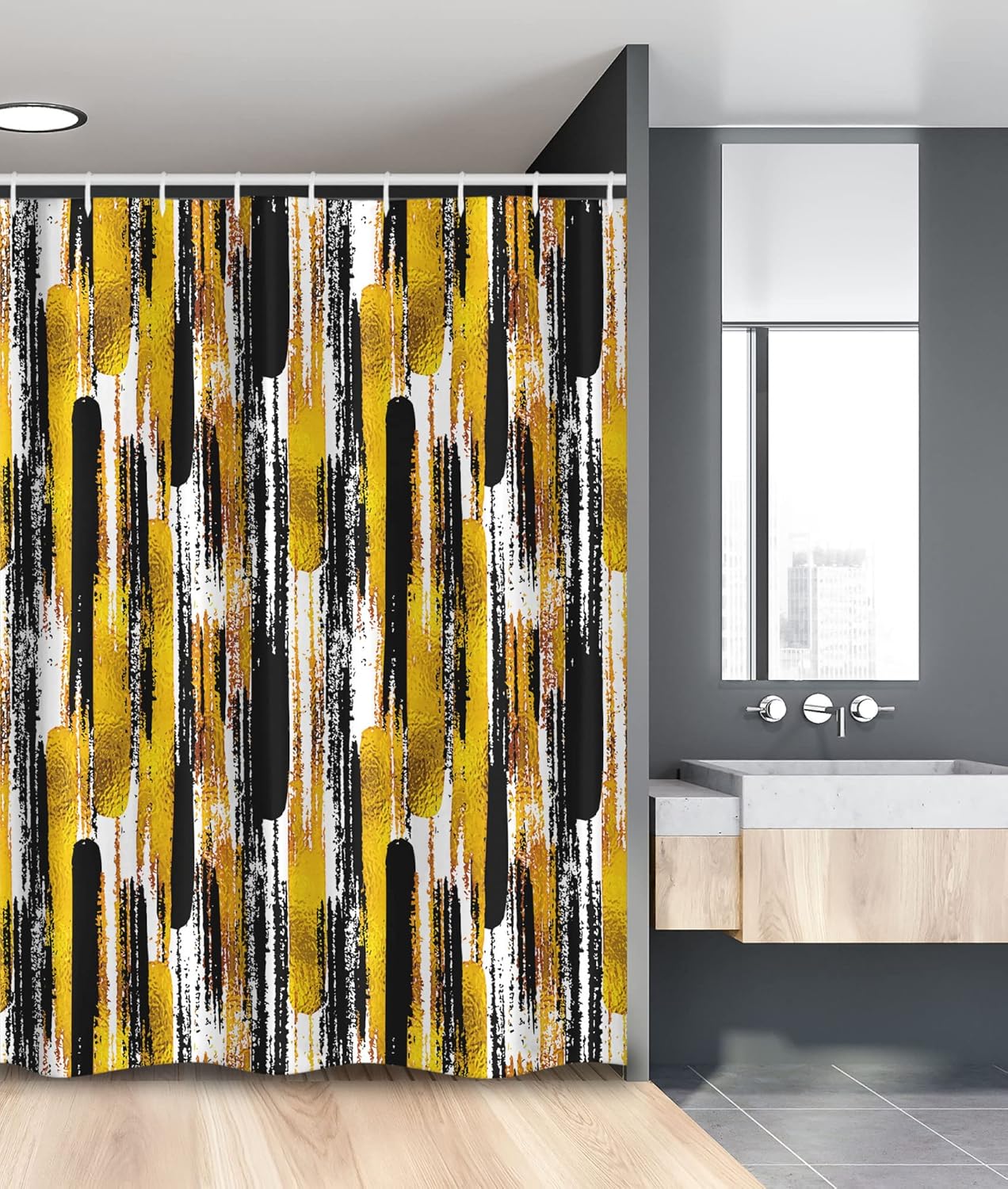 Ambesonne Modern Art Stall Shower Curtain, Watercolored Grunge Brushstroke Expressionist Background Paint Effects, Fabric Bathroom Decor Set with Hooks, 54" W x 78" L, Yellow Black