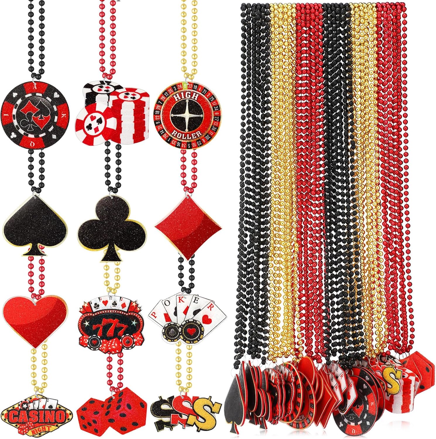 Ferreve 72 Pcs Casino Night Beaded Necklaces Bulk 12 Styles Casino Dice Dollar Sign Necklaces Gold Red Black Beaded Necklace for Birthday Party Favors Supplies (Dice)