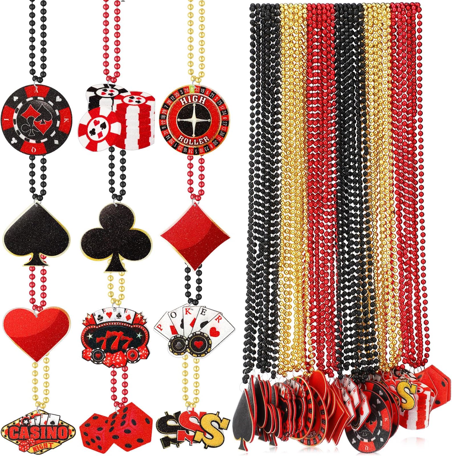 Ferreve 36 Pcs Casino Night Beaded Necklaces Bulk 12 Styles Casino Dice Dollar Sign Necklaces Gold Red Black Beaded Necklace for Birthday Party Favors Supplies (Dice)