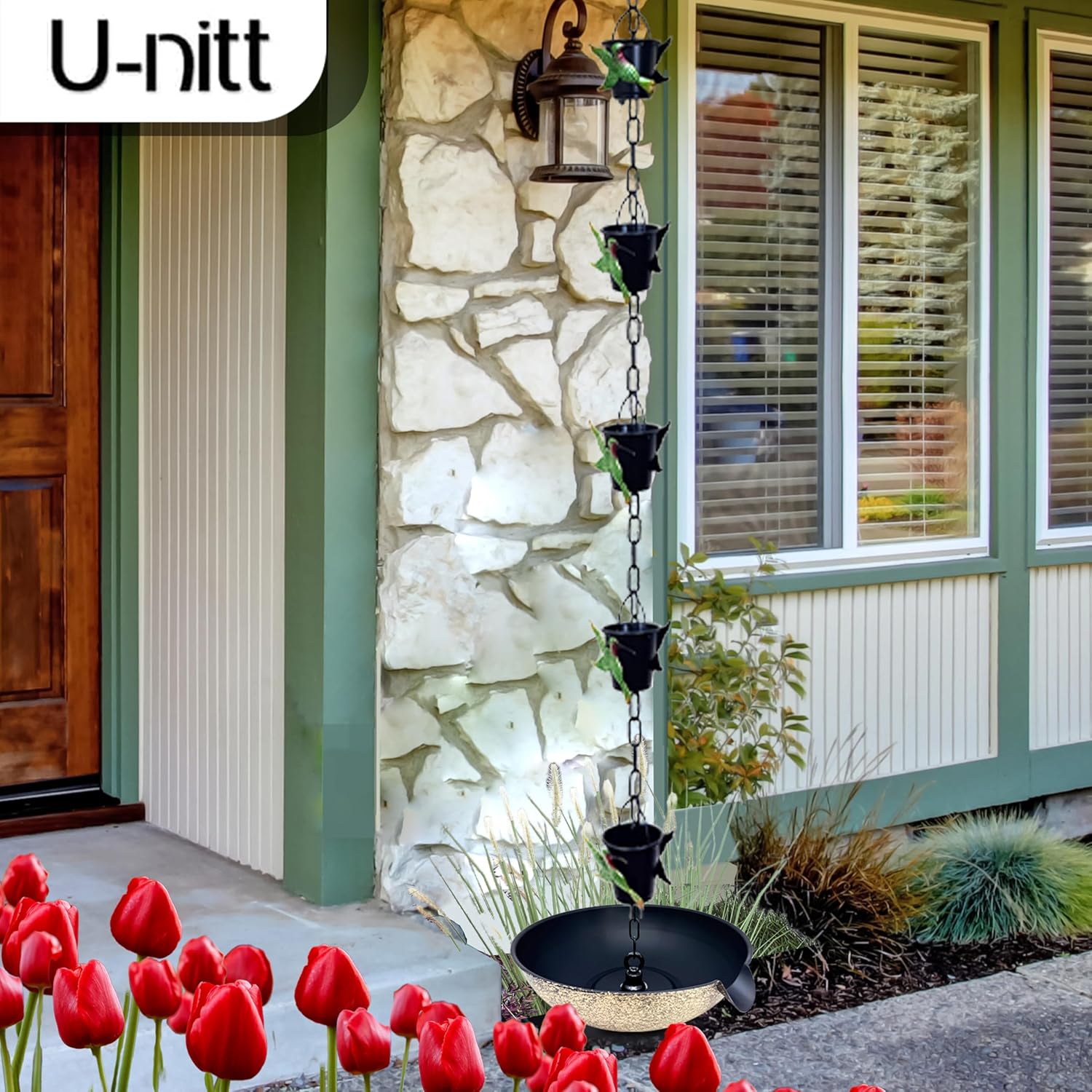 U-nitt 12" Spill Bowl Downspout Catch Basin for Rain Chain Anchoring & Stake | Rainwater Collection for Roof |Gutter Catch Basin | Good for Water Fountain & Birdbath | Black | Handles Heavy Rain
