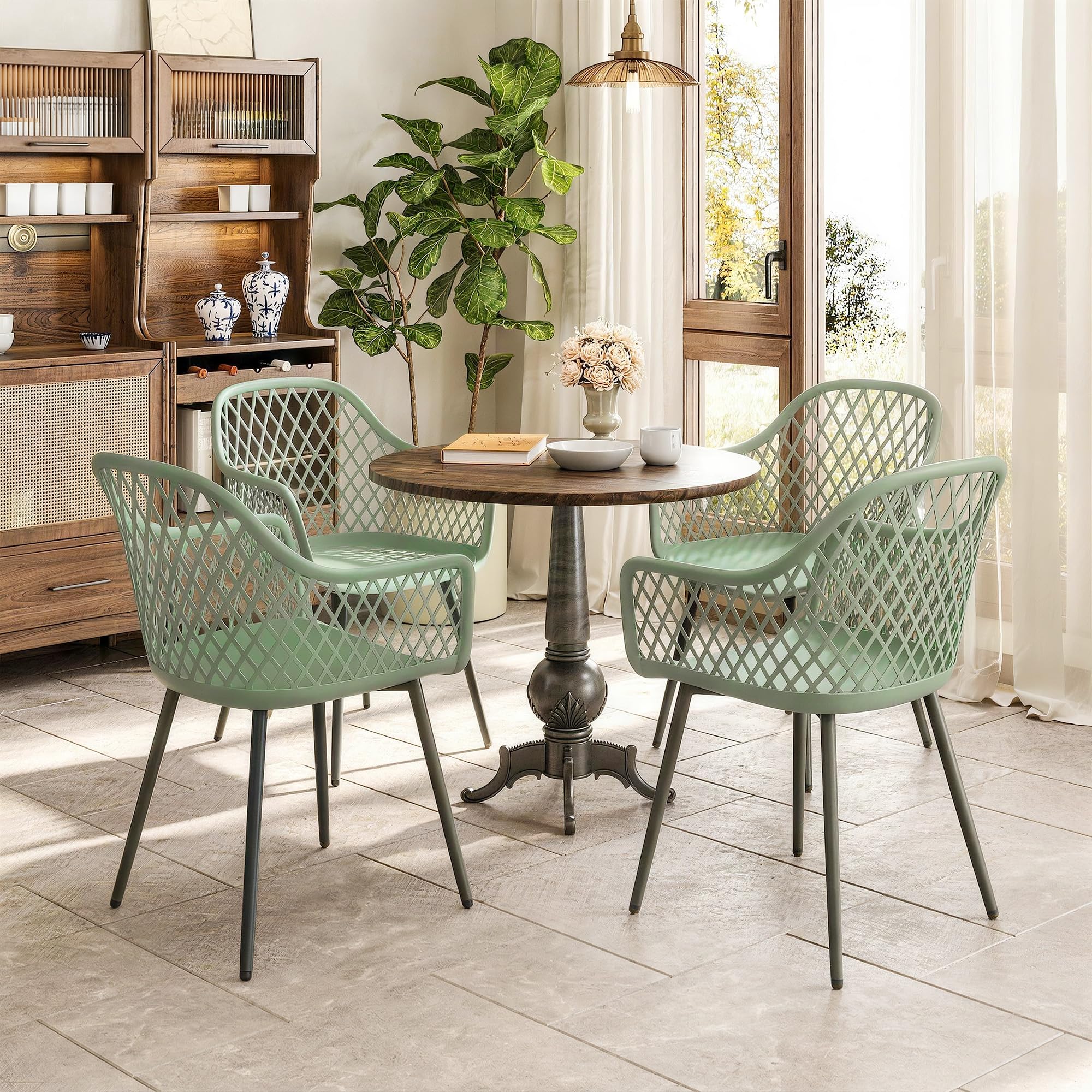Outsunny Set 4 Sedie da Giardino Anti UV con Braccioli 56x51x84 cm Verde | Polipropilene, Sedie per Pranzo da Esterno, Schienale Diamantato, Gambe in Metallo, per Patio Balcone Terrazza Esterno