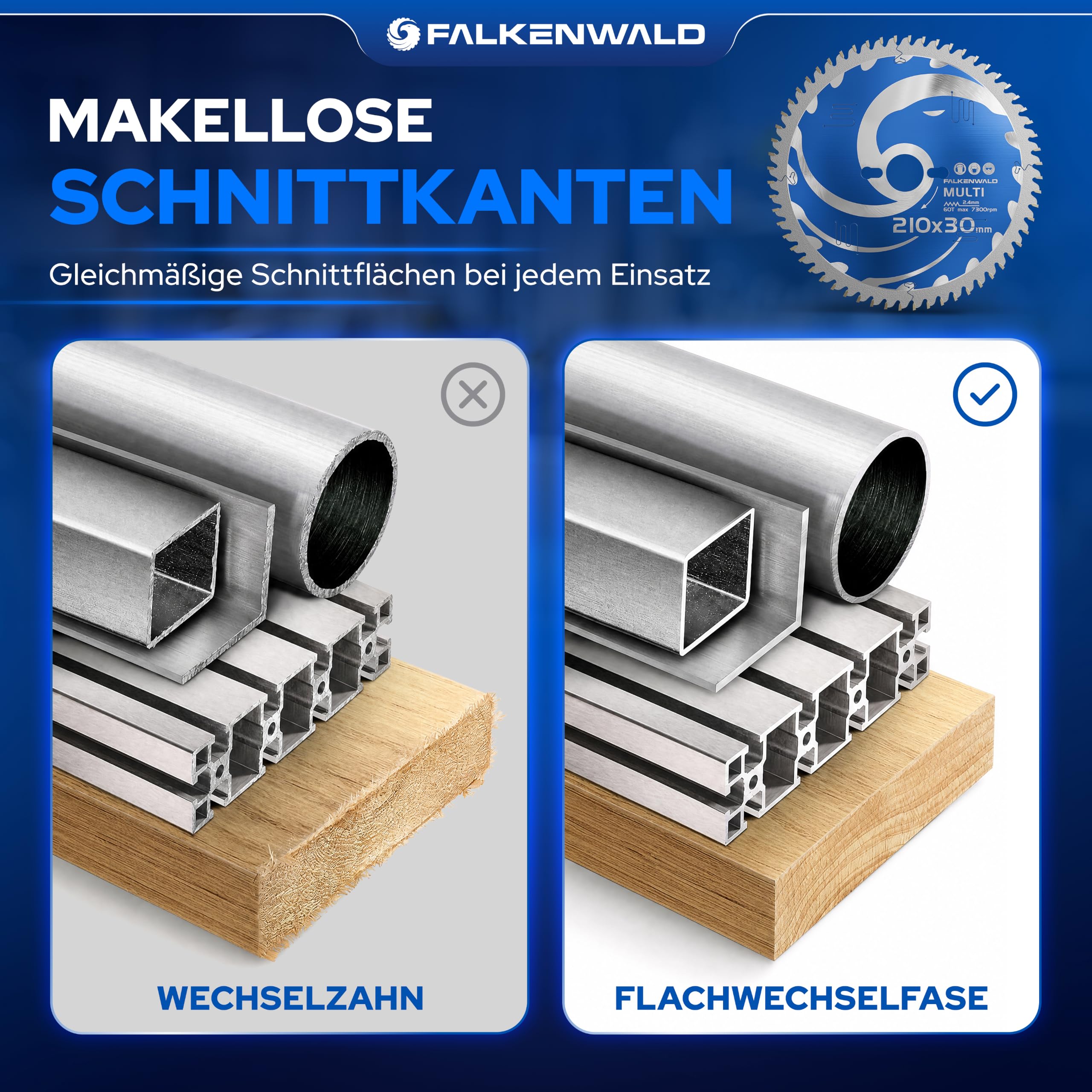 FALKENWALD ® Kreissägeblatt 210x30 mm - Ideal für Holz, Metall & Alu - Sägeblatt 210x30 kompatibel als Kappsägeblatt für Bosch & Makita - Multi Kappsägeblatt 210x30 - Sägeblatt 210
