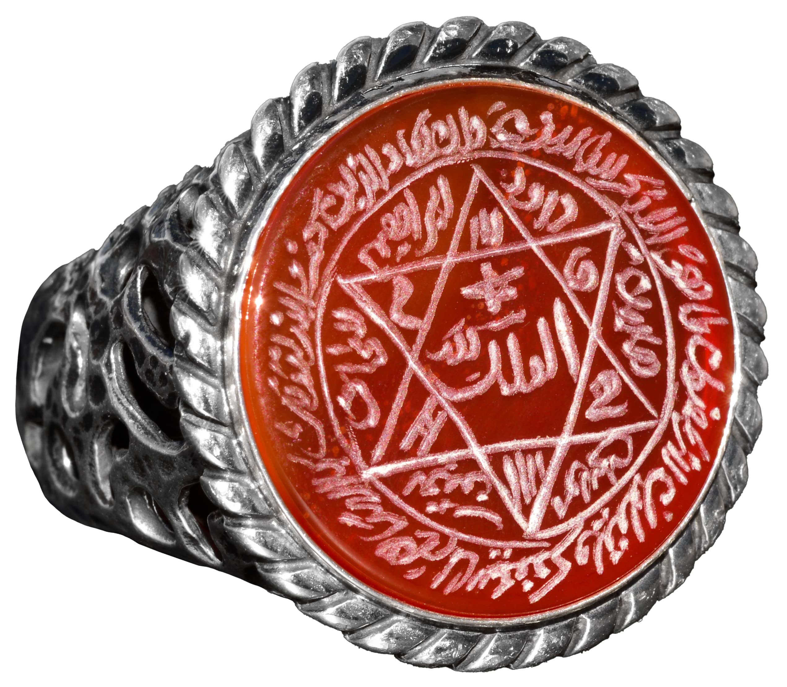 KAMBO - Anillo árabe hecho a mano con piedra cornalina, anillo de plata de ley para hombre, emblema de estrella de Salomón, símbolo de valor y vitalidad, Plata, Cornalina