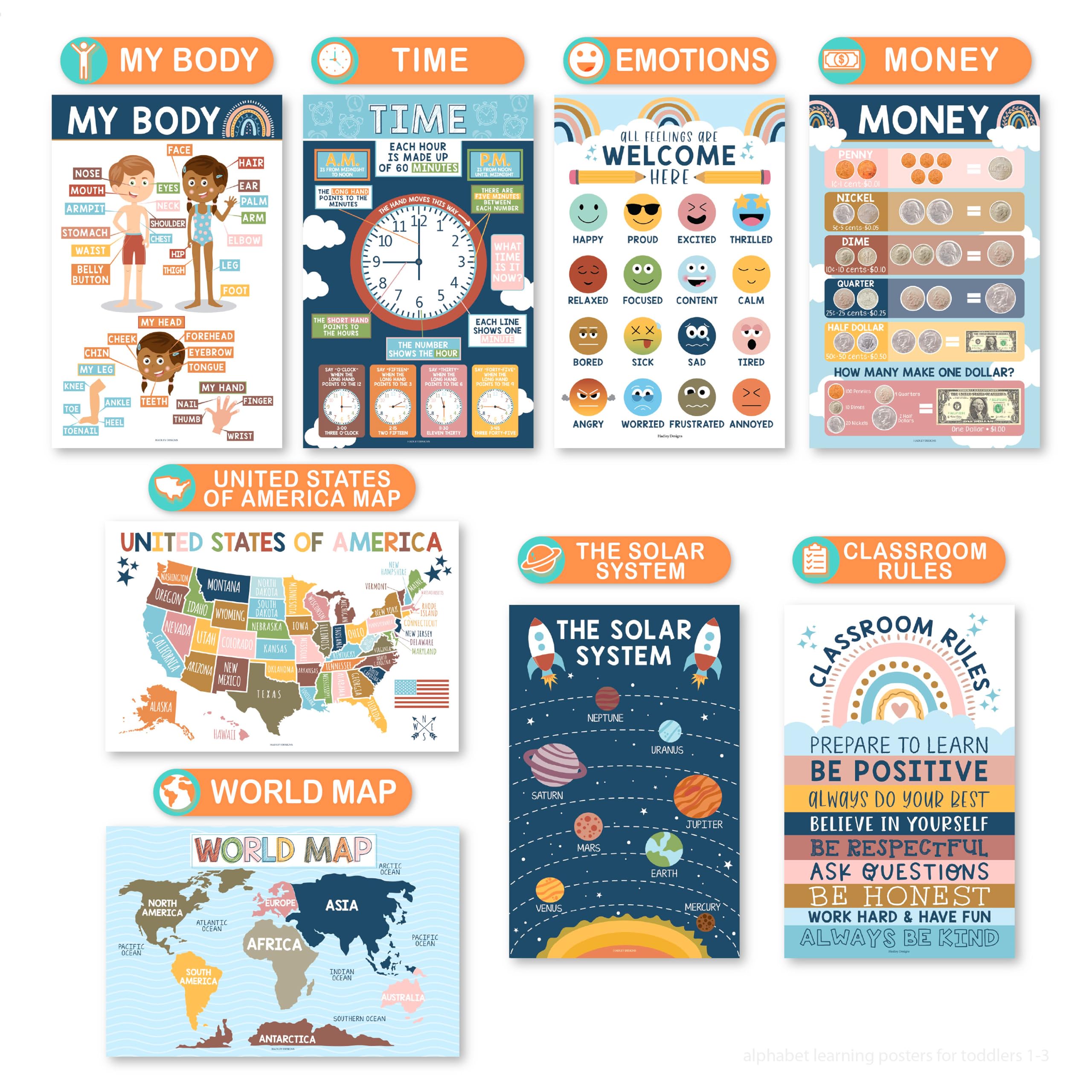 Hadley Designs 16 affiches éducatives pour enfants en préscolaire et à la maternelle, laminées, alphabet, chiffres, couleurs, formes, jours de la semaine, décoration bohème, 1 à 3 ans (anglais)