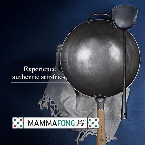 Miniatura 6 de Mammafong Juego tradicional de wok de acero al carbono con fondo redondo martillado a mano con espátula Wok y cepillo de bambú (wok de 14 pulgadas