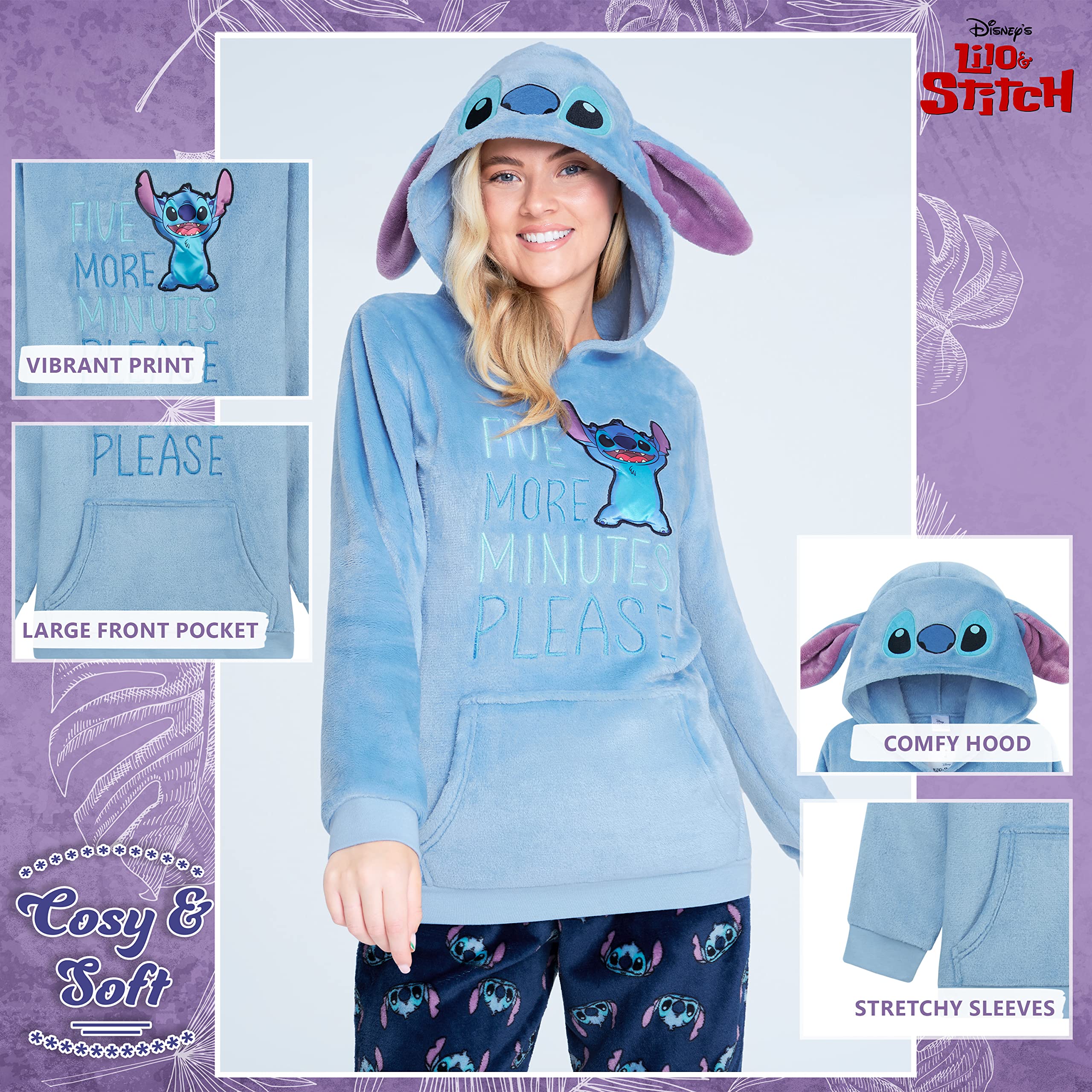 Disney Pigiama Donna Invernale Pile Stitch Minnie Minou Simba Winnie The Pooh