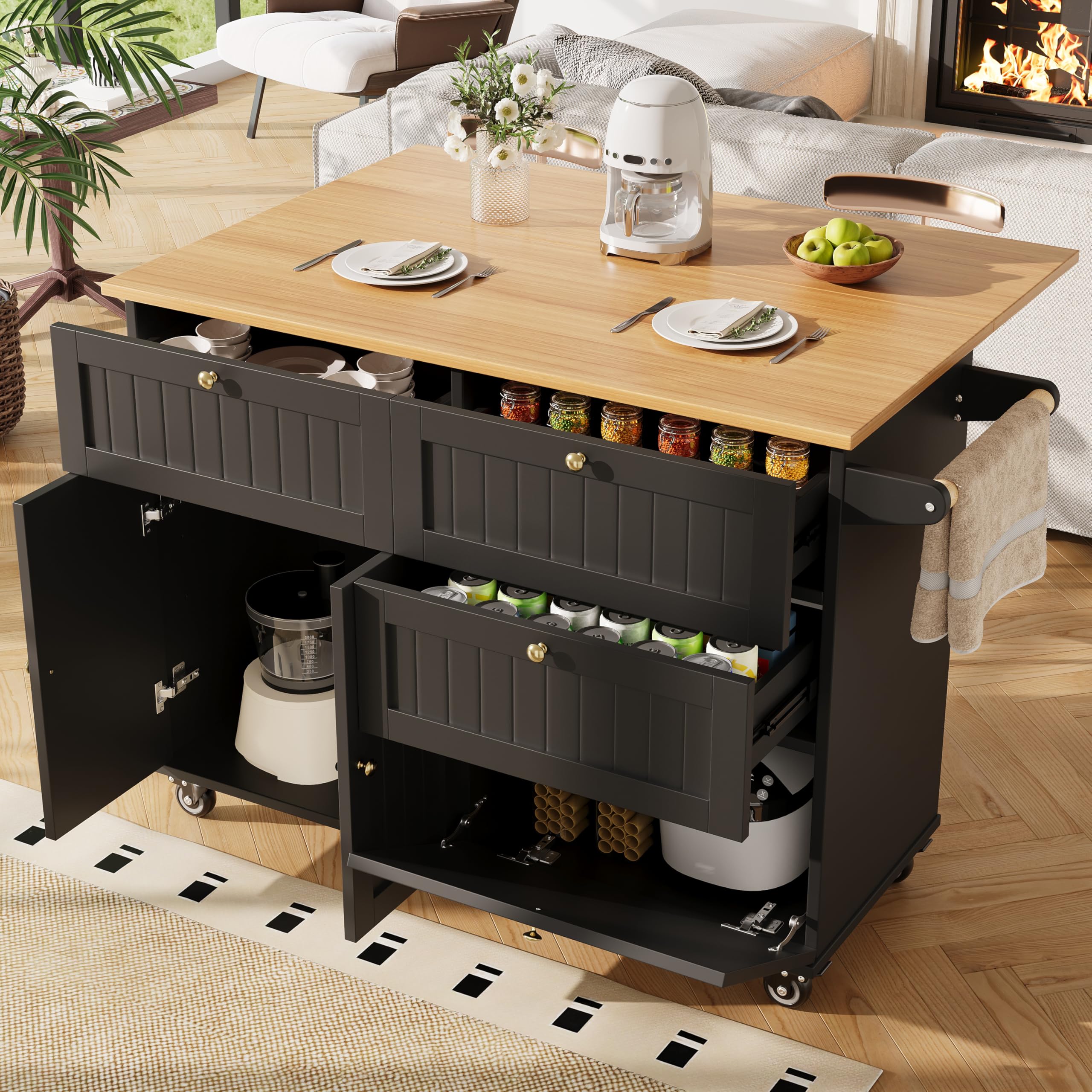 Bladez Isola cucina con ruote e piano estraibile, carrello cucina multifunzione con tavolo integrato, cassetti e ripiani, penisola cucina e scrivania angolare, mobile salvaspazio nero