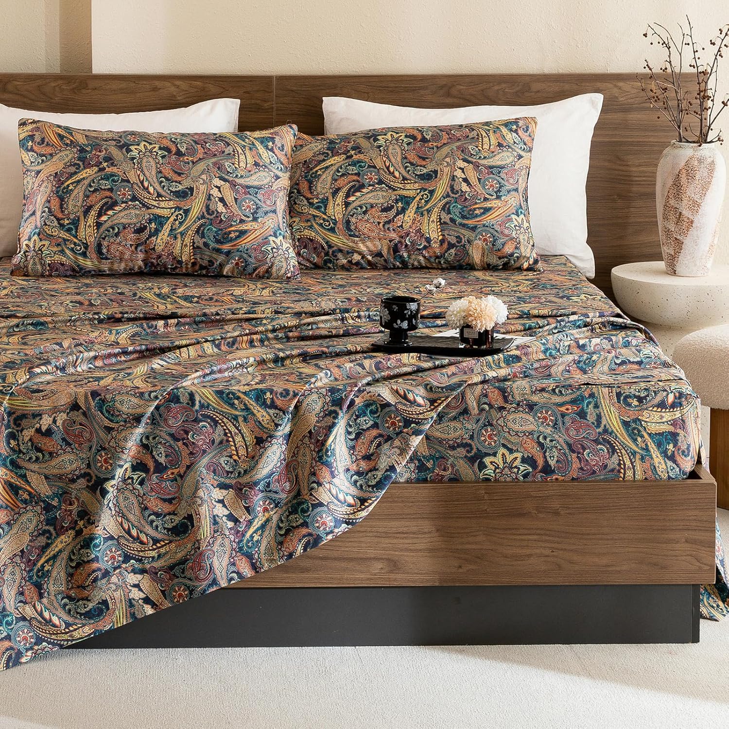 Lady Ann King Size Bed Sheets, 100% Egyptian Cotton Sheet Paisley Flower Pattern Printed 4 PCS Bedding Set- Super Soft, Silk-Like Feel Bed Sheet Set and Extra 17.5" Deep Pockets Bed Sheets