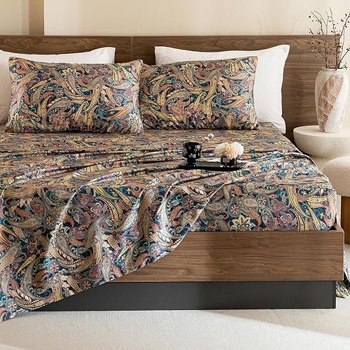 Miniatura 8 de Lady Ann Juego de sábanas bohemias de tamaño Queen, 100% algodón egipcio, estampado de flores de cachemira, juego de ropa de cama de 4 piezas, súper