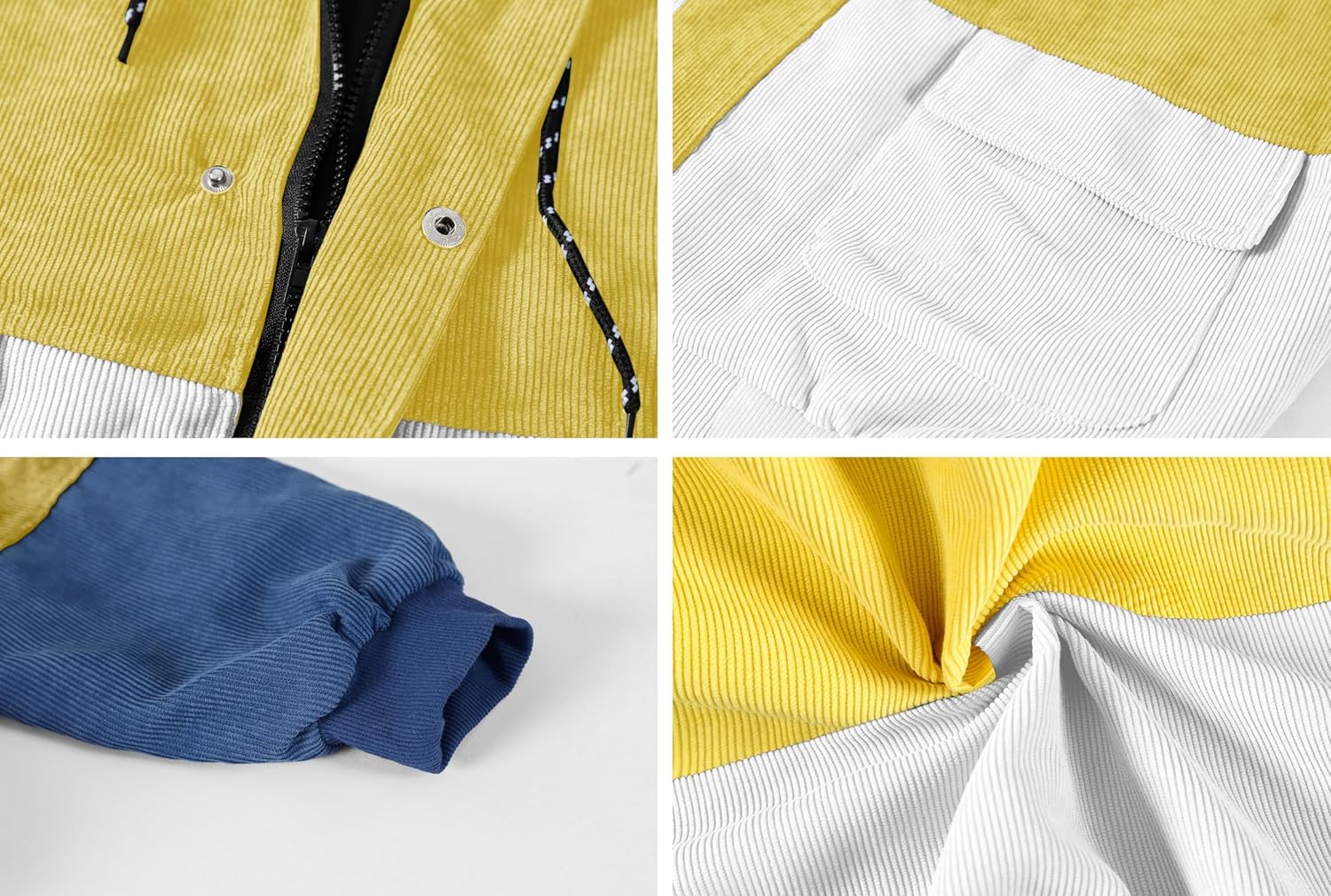 Betusline Men's Retro Long Sleeve Color Block Corduroy Jacket with Hood, XS-3XL