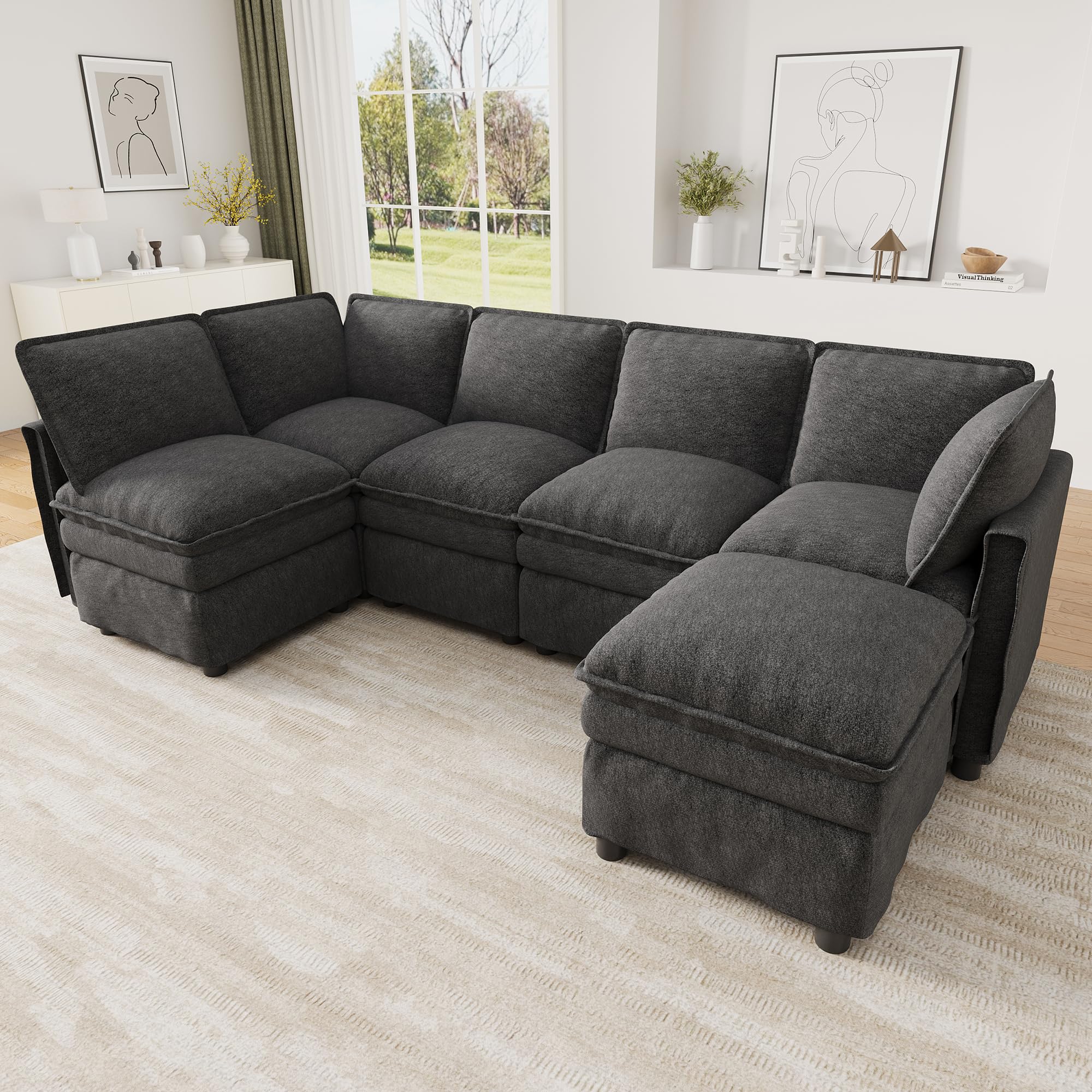 Shye Divano componibile XXL con funzione letto, liberamente combinabile a forma di U o L, sgabello mobile, doppia imbottitura della seduta, design moderno a bordatura, ciniglia, per soggiorno, ufficio