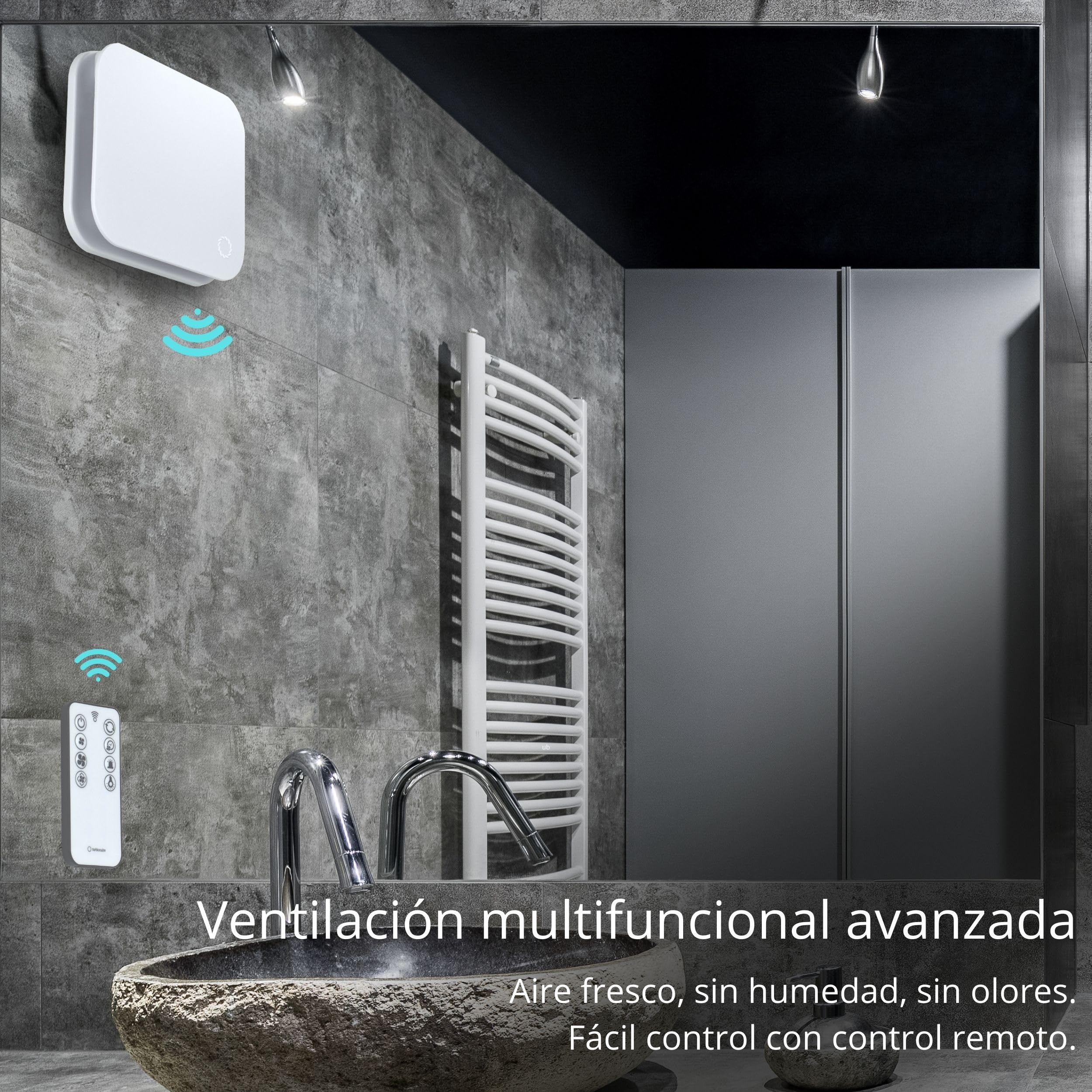 Turbionaire Trend Plus 100 mm Extractor para Baño, Mando a Distancia, Multifunción, 22dB, máx. 5.7 W, 7 velocidades + boost, Garantía de 3 años, Válvula de retención, Temporizador, Silencioso