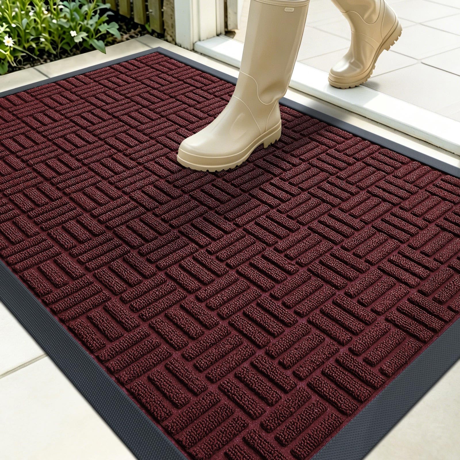 OLANLY Front Door Mat Outside Entrance 35x23, Heavy-Duty Rubber Doormat | Burgundy, Absorbent, Stain Fade Resistant, Non-Slip Backing, Low-Profile Indoor Outdoor Floor Mat for Entryway, Easy to Clean