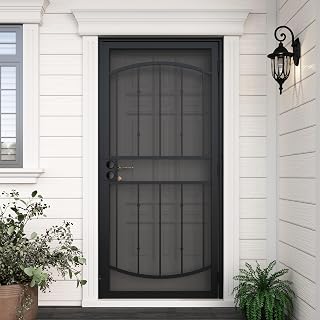 JUBEST 36x80 Steel Security Screen Door - Reversible Outswing, Heavy-Duty Expanded Metal, Rust-Resistant Black Powder Coat