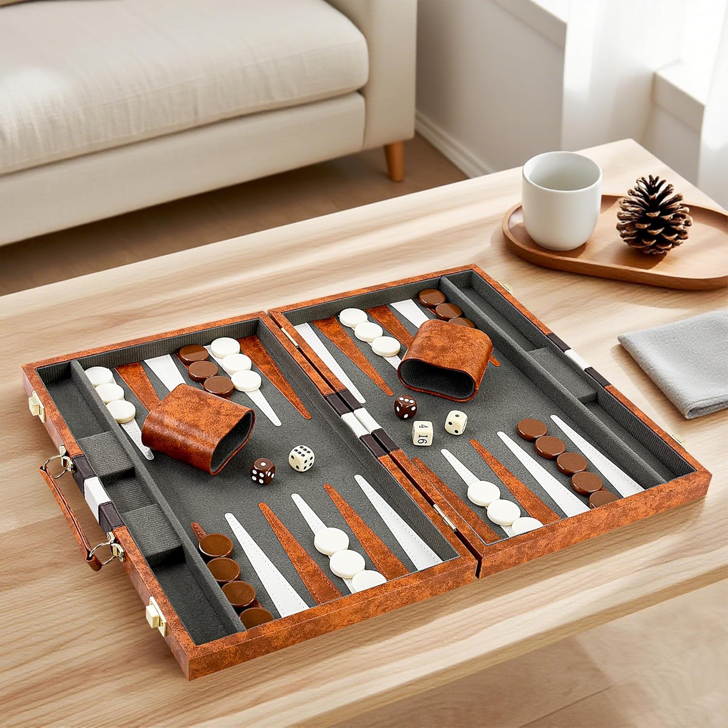 15 Inch Travel Backgammon Set for Adults, Classic Board Game with Premium PU Leather Case, Portable Strategy Backgammon Game Set, Brown